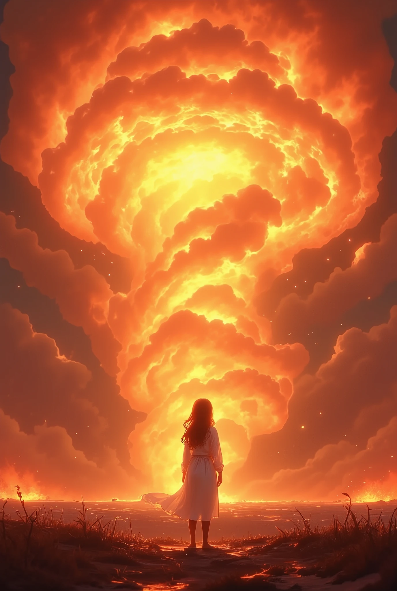 1girl standing at sun surface. looking at huge solor tornado.focus on solar tornado. close-up of solar tornado.