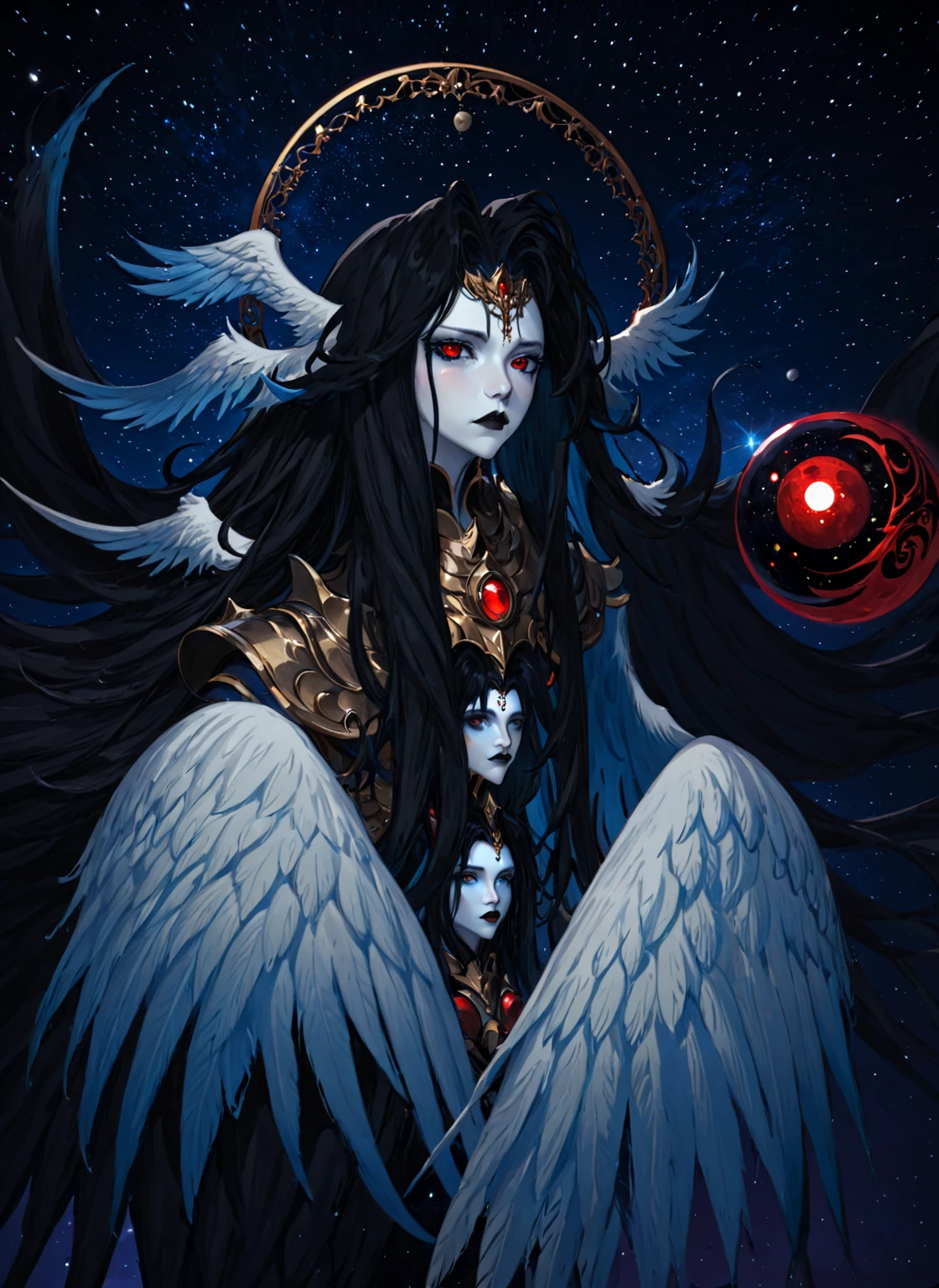 1girl,  solo,  armor,  male focus,  black hair,  black lips,  blue skin,  endsinger,  fantasy,  head wings,  long hair,  looking at viewer,  night,  night sky,  orb, red accents, pale skin,  pointy ears,  wings, 