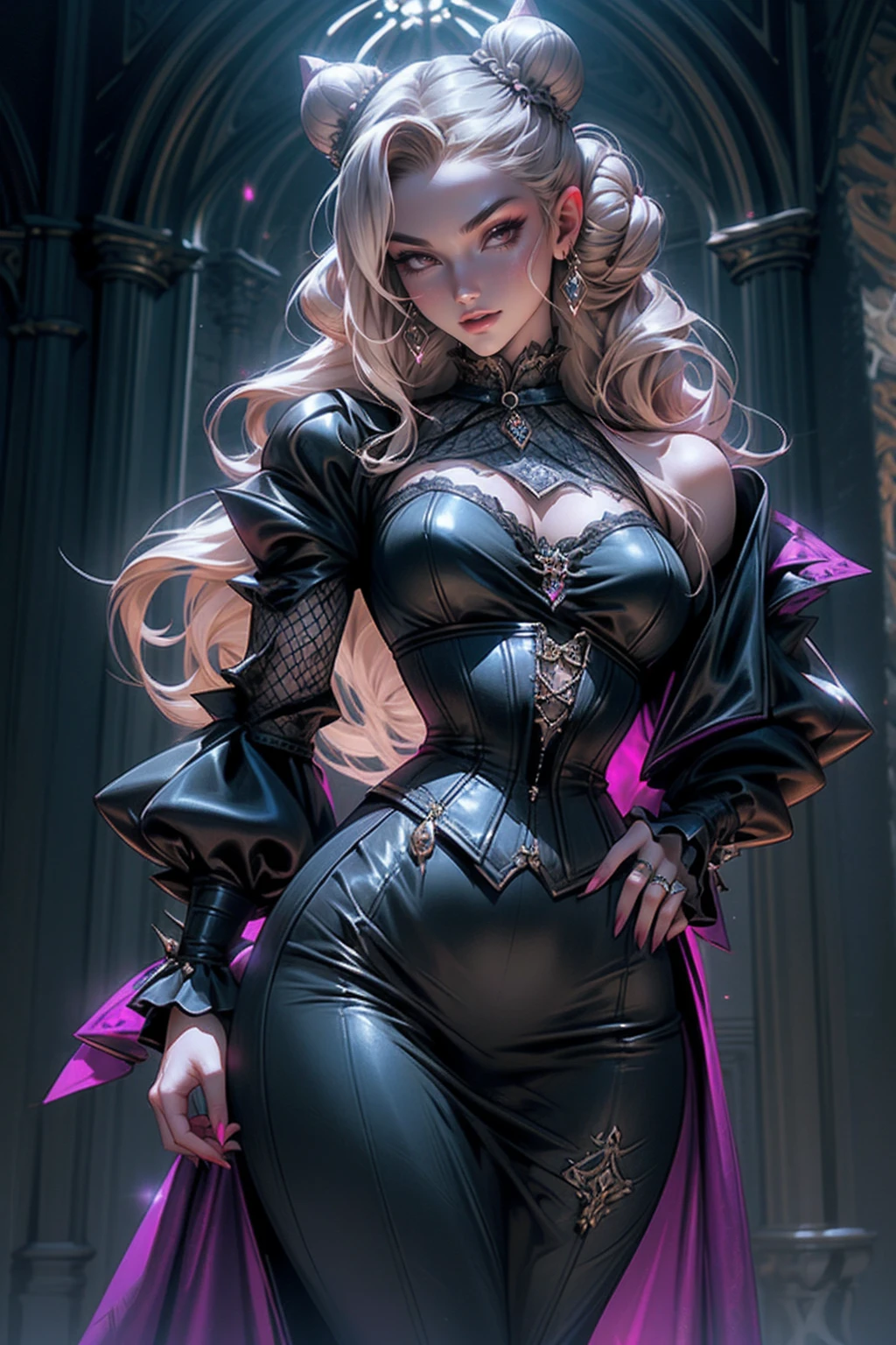 (masterpiece, top quality, best quality, official art, beautiful and aesthetic: 1.2), (1 woman: 1.3), long curly blonde hair, ((fancy bun)), Victorian style, Victorian classic, extremely detailed, portrait, looking at the viewer, solo, (full body: 0.6), detailed background, close-up, mischievous eyes, (cold midnight castle theme: 1.1), vampire, long fangs, blood on chin, huge lips, charlatan, mischievous smile, mysterious, being seductive on the balcony, revealing gothic dress, extremely tight bodice, black costume, magenta skirts, off-the-shoulder, long sleeves, loose sleeves, black leather , cape, corset, black dress, fishnets, black high boots, buckles, straps, bags, glowing blood magic energy, dark magenta fabric, silver trim, black leather, extremely slim, slim waist, slim hips, medieval background (gothic castle exterior: 1.1), nocturnal, dark and mysterious lighting, shadows, magical atmosphere, abigail larson art style, 