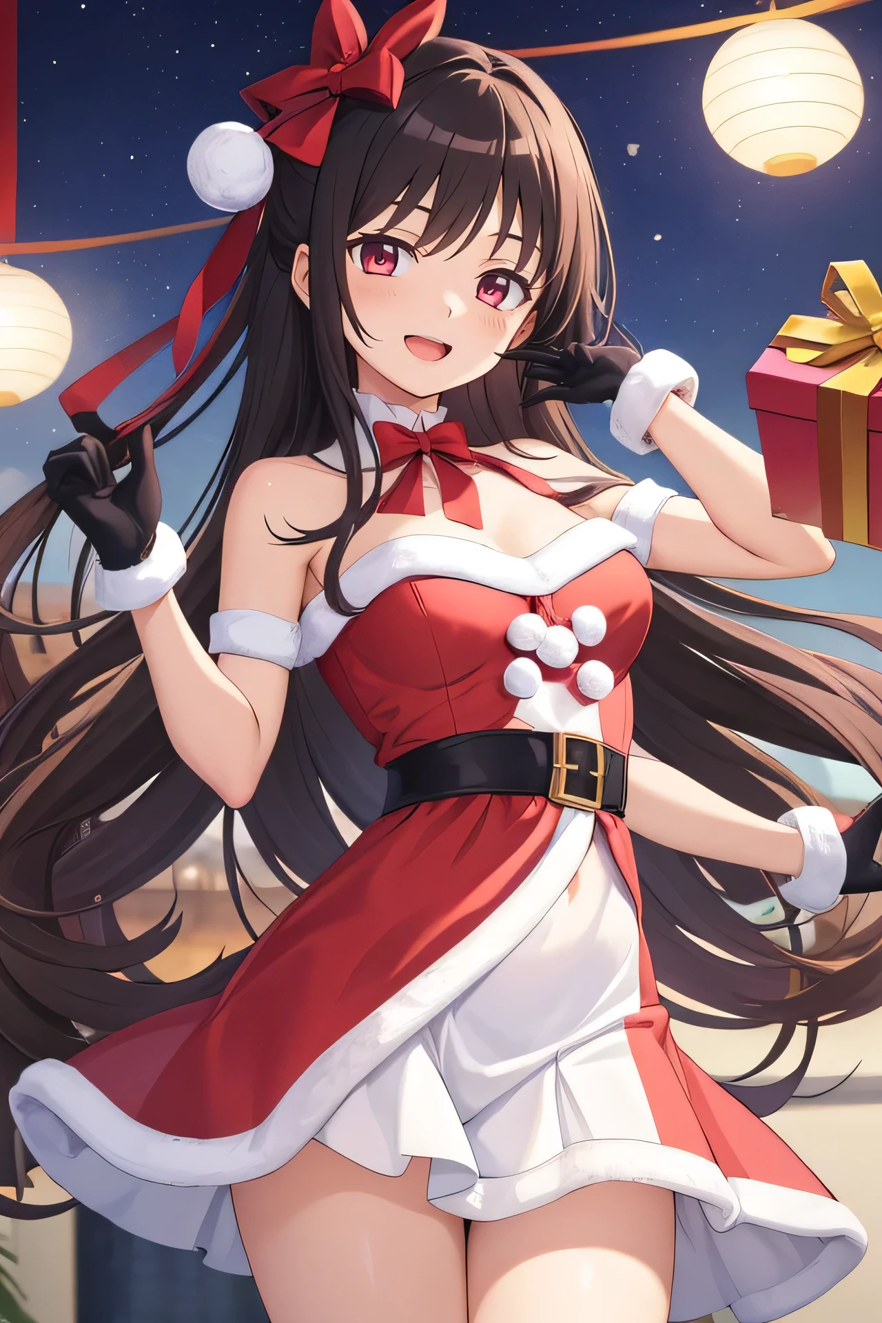 score_9, score_8_up, score_7_up, score_6_up, anime, source_anime,1girl,ayano rika \(christmas ver.\),mahou shoujo madoka magica,christmas ornaments,gloves,open mouth,looking at viewer,smile,yuramero67,solo,christmas,black hair,magia record: mahou shoujo madoka magica gaiden,highres