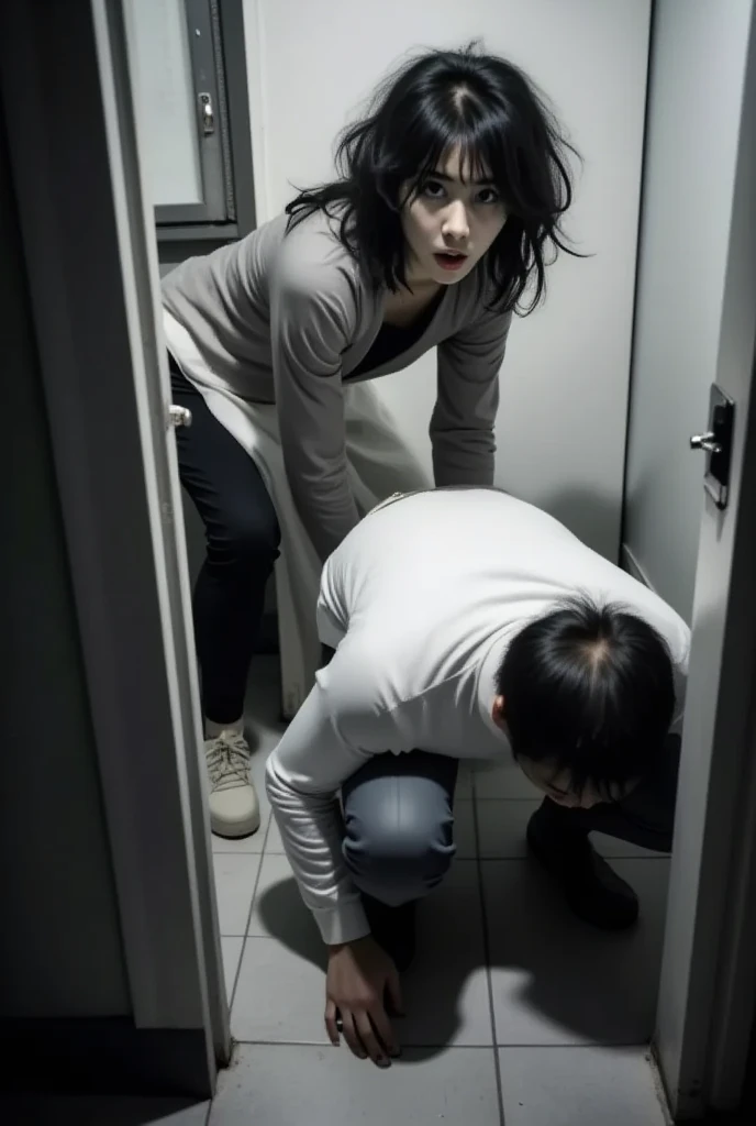  A Taiwanese woman with unique curly hair , his face was shocked and turned towards the audience .  as he opened the toilet door there was a man inside closed.  The man sits squatting in the closed WC ,  and her expression a mixture of shock and humor .  She is dressed in casual clothes ,  in a realistic style ,  but the scene has a funny and exaggerated comic effect.  The background is a simple room ,  in front of bathroom . adds humor to the situation 