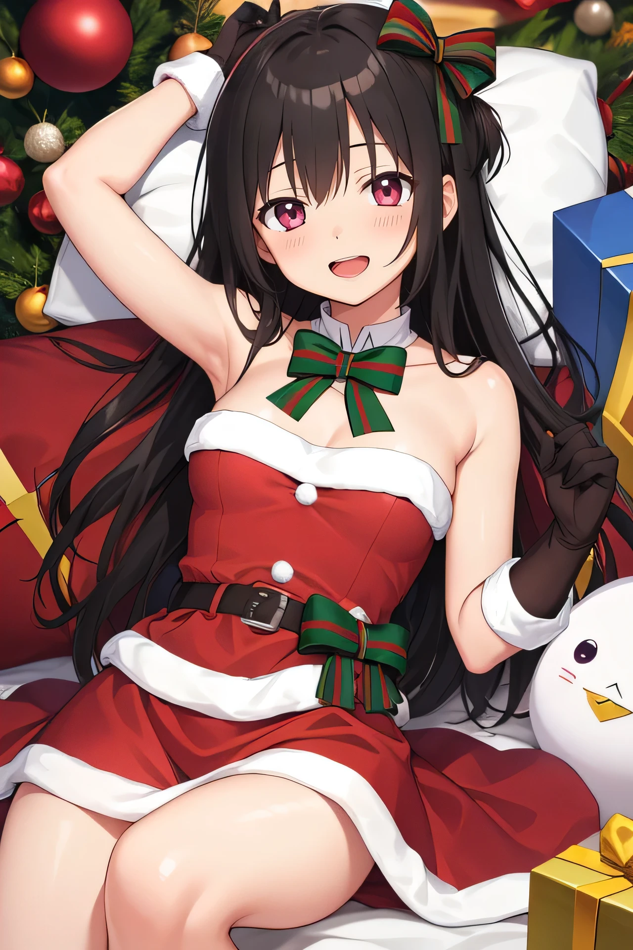 score_9, score_8_up, score_7_up, score_6_up, anime, source_anime,1girl,ayano rika \(christmas ver.\),mahou shoujo madoka magica,christmas ornaments,gloves,open mouth,looking at viewer,smile,yuramero67,solo,christmas,black hair,magia record: mahou shoujo madoka magica gaiden,highres