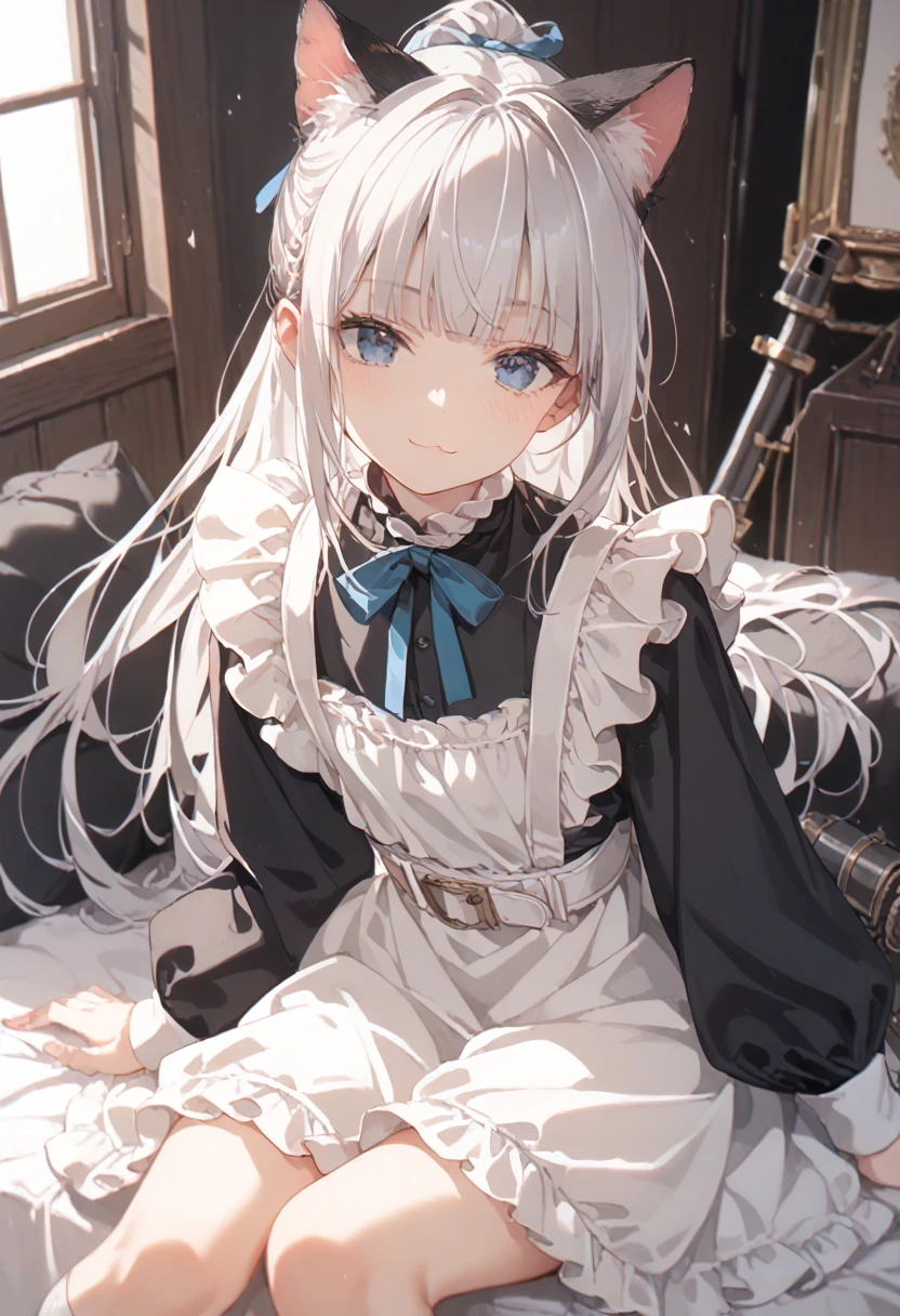 score_9, score_8_up, score_7_up, source_anime, high res image, masterpiece, best quality, 1girl, solo, ****, flat chest, coquettish skin, skinny, ivory blue eyes, silver hair, ponytail, blunt bangs, smilng, cat ear, black long sleeve maid outfit, steampunk gun belt hanging from shoulder, (White knee-high socks:1.2),hagging a black cat, cowboy shot, close-up face,