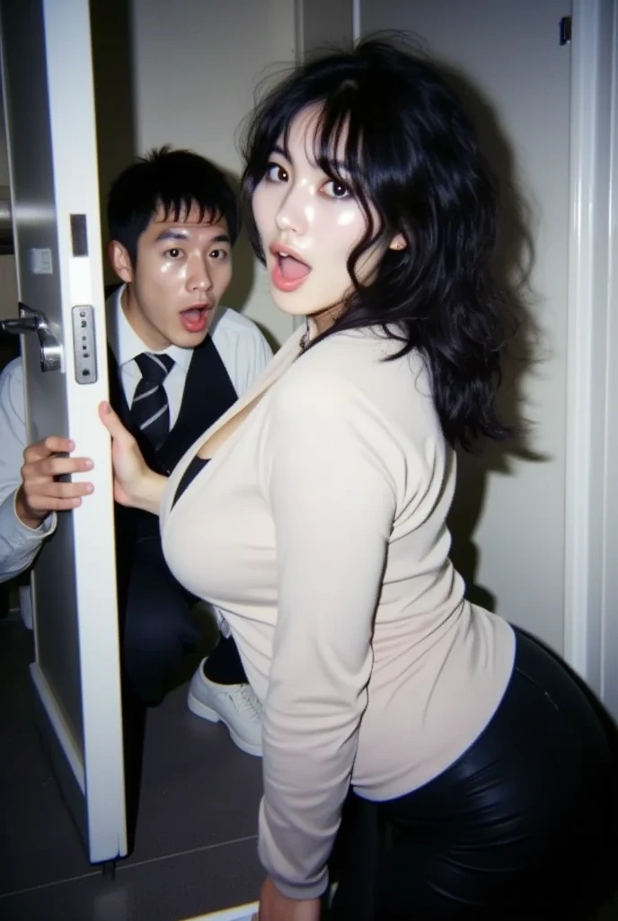  A Taiwanese woman with unique curly hair , his face was shocked and turned towards the audience .  as he opened the toilet door there was a man inside closed.  The man sits squatting in the closed WC ,  and her expression a mixture of shock and humor .  She is dressed in casual clothes ,  in a realistic style ,  but the scene has a funny and exaggerated comic effect.  The background is a simple room ,  in front of bathroom . adds humor to the situation 