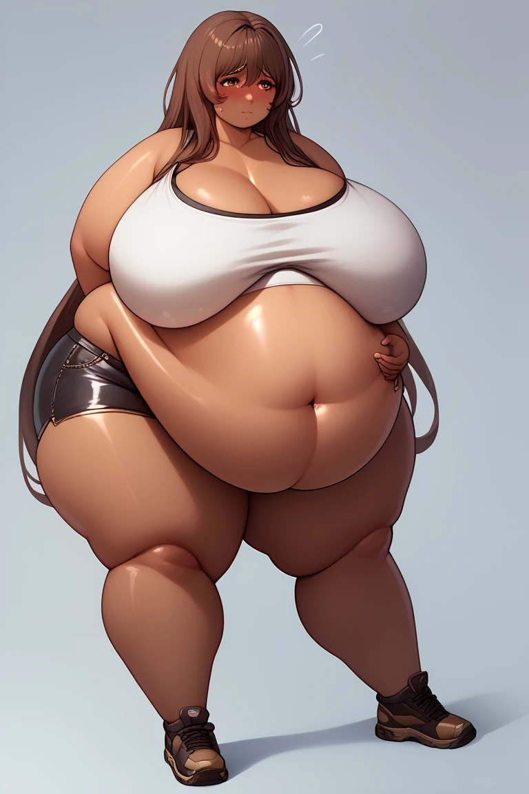 1girl, solo, noirrnd, shy facial expression, perfect face, embarrassed, brown hair, very long hair, dark skin, huge breasts, curvy, bikini, tight crop top, tight shorts, shy, obese, huge belly, fat arms, massive upper arms, fat forearms, hanging belly, wide hips, thick thighs, thick legs down to the ankles, full body