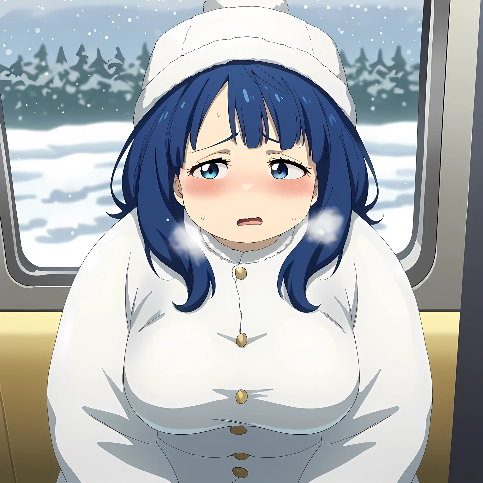 yanamianna, medium hair, middium breasts,blue hair,blue eyes, medium breasts, fluffy coat, turtle neck, knit swearter, knitted hat, muffler, blush, light smile, steam, indoor, train, window, on seat, cold, winter, from front, looking viewer, masterpiece, best quality, high resolution, ultra-detailed, detailed background, anime, swollen face, fat, chubby, obese, open mouth, out of breath, absurdres, highres icon, rating:General, confused, blush, {flustered}, nervous sweating, portrait, pov hands, hand on another's cheek, averting eyes, [looking away], straight-on, from above,  upper body, masterpiece, best quality, ultra-detailed, high resolution, 8K, 