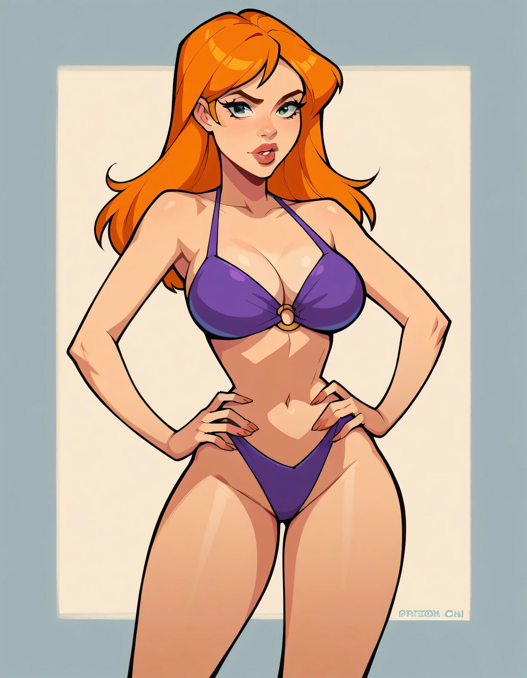 score_9, score_8_up, score_7_up, jbr4v0, 1 woman , long orange hair , lips , purple bikini , big breasts , abdomen , hands on your hips.. , thighs 