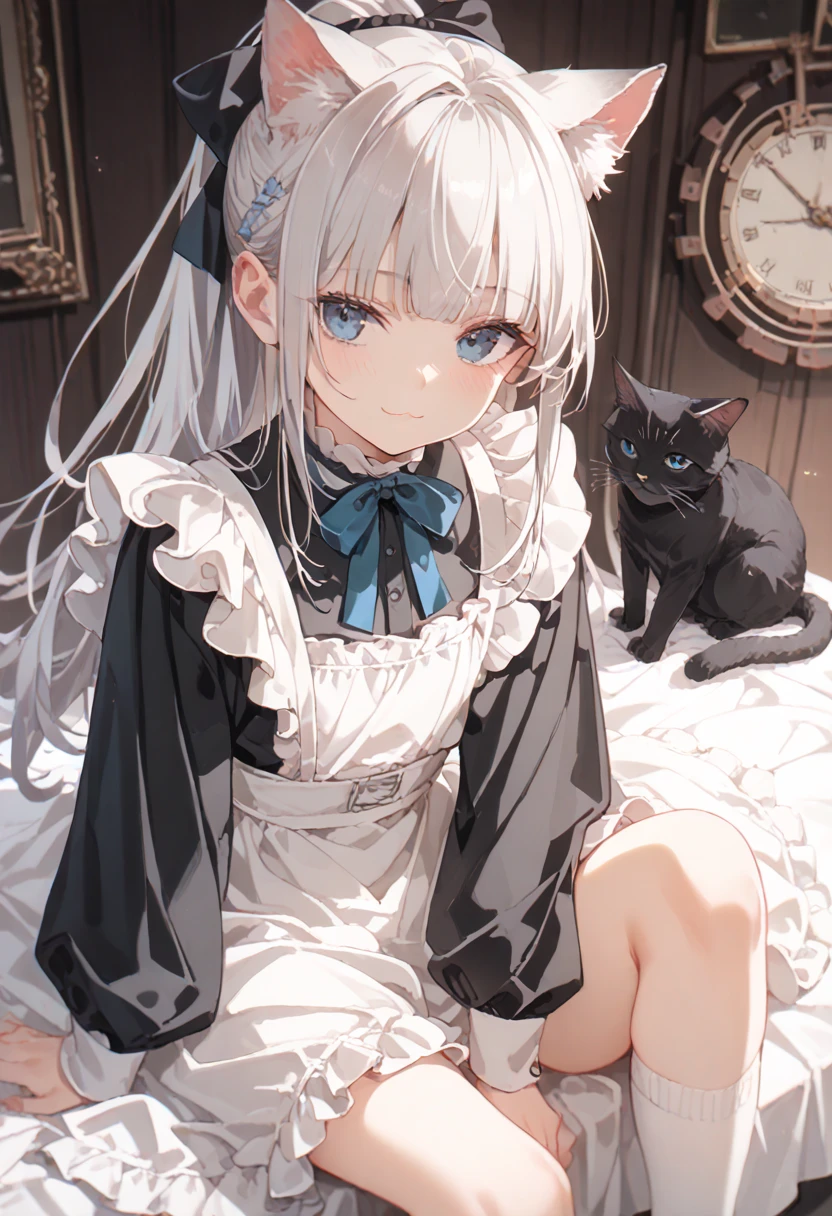 score_9, score_8_up, score_7_up, source_anime, high res image, masterpiece, best quality, 1girl, solo, ****, flat chest, coquettish skin, skinny, ivory blue eyes, silver hair, ponytail, blunt bangs, smilng, cat ear, black long sleeve maid outfit, steampunk gun belt hanging from shoulder, (White knee-high socks:1.2),hagging a black cat, cowboy shot, close-up face,