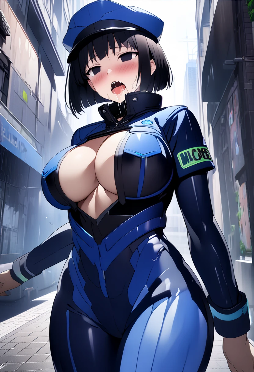 Masterpiece, detailed CG illustration,high res,Beautiful woman,saliva,open mouth,blush,posing,(large breast:1.25),black eyes,empty eyes,black bobcut hair,determaind,police cap,futuristic tight police costume,zipper,street,cowboy shot