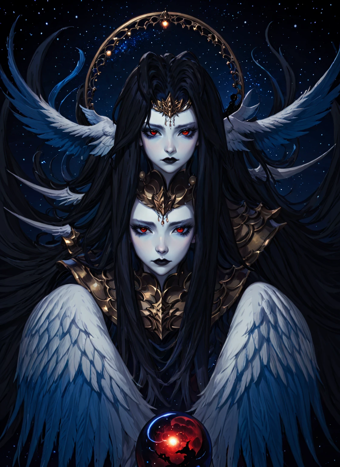 Red accents, 1girl,  solo,  armor,  male focus,  black hair,  black lips,  blue skin,  endsinger,  fantasy,  head wings,  long hair,  looking at viewer,  night,  night sky,  orb,  pale skin,  pointy ears,  wings, 