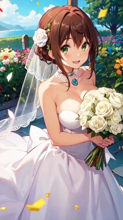 masterpiece, best quality, girl, solo, looking at viewer, yuuta_togashi, brown hair, green eyes, large breasts, wedding Dress, standing, garden, confetti, holding bouquet, smile, open mouth,