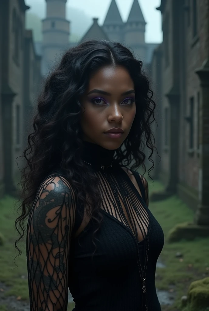 ((18-year-old))), black girl, (((light skin))), (((full body pose))), (((long curly black hair))), (((wearing tight chainmail micromini skirt, chainmail bra, open front cloak))), (((seamless black, pantyhose))), (((submissive))), (((metal choker))), (((dark castle in the background))), dark fantasy, Rich, Deep Colours, (intricate details:0.9), (HDR, hyper-detailing:1.2), (natural skin textures, hyper realisitc, glistening skin, soft light, Sharp),