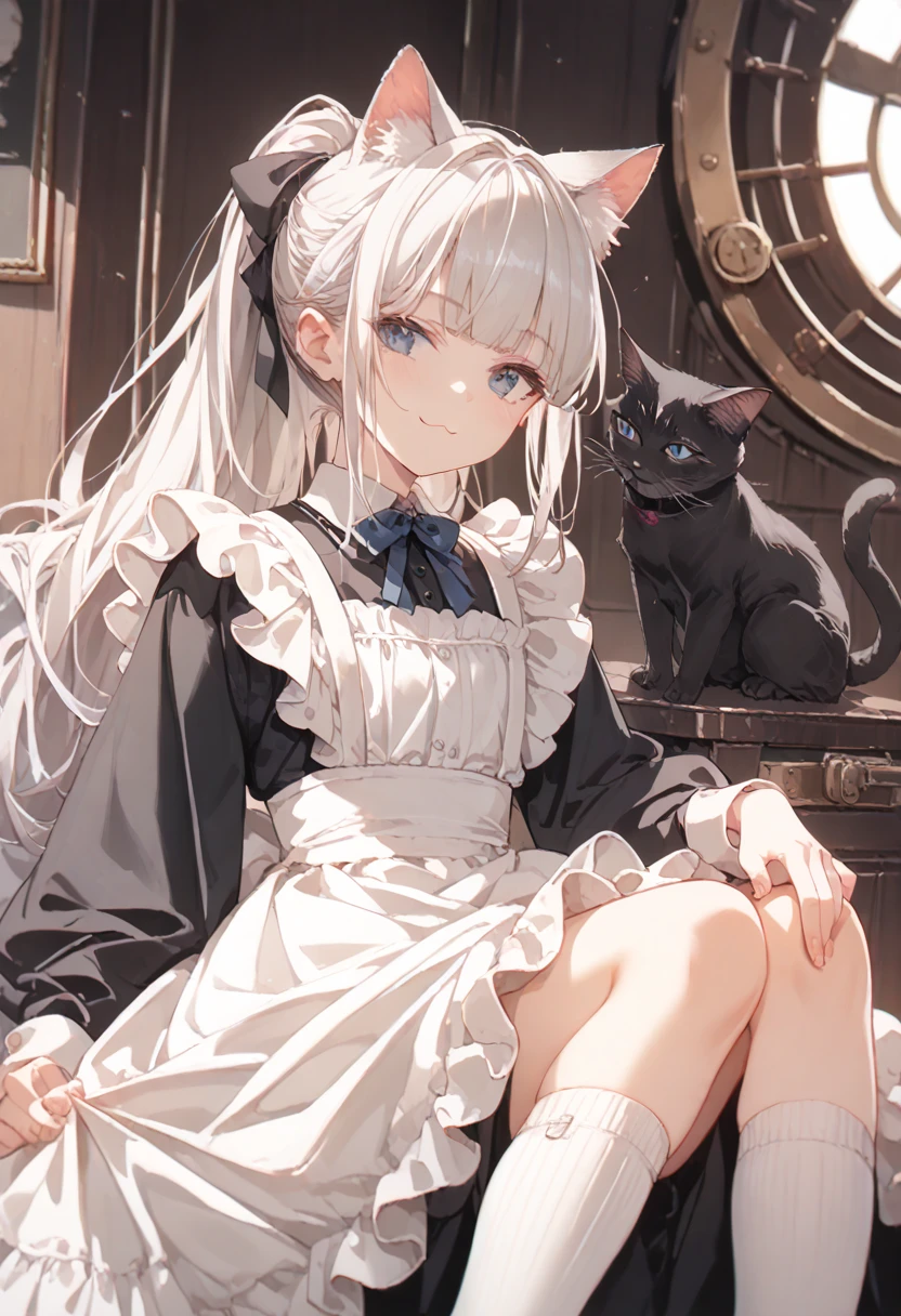 score_9, score_8_up, score_7_up, source_anime, high res image, masterpiece, best quality, 1girl, solo, ****, flat chest, coquettish skin, skinny, ivory blue eyes, silver hair, ponytail, blunt bangs, smilng, cat ear, black long sleeve maid outfit, steampunk gun belt hanging from shoulder, (White knee-high socks:1.2),hagging a black cat, cowboy shot, close-up face,