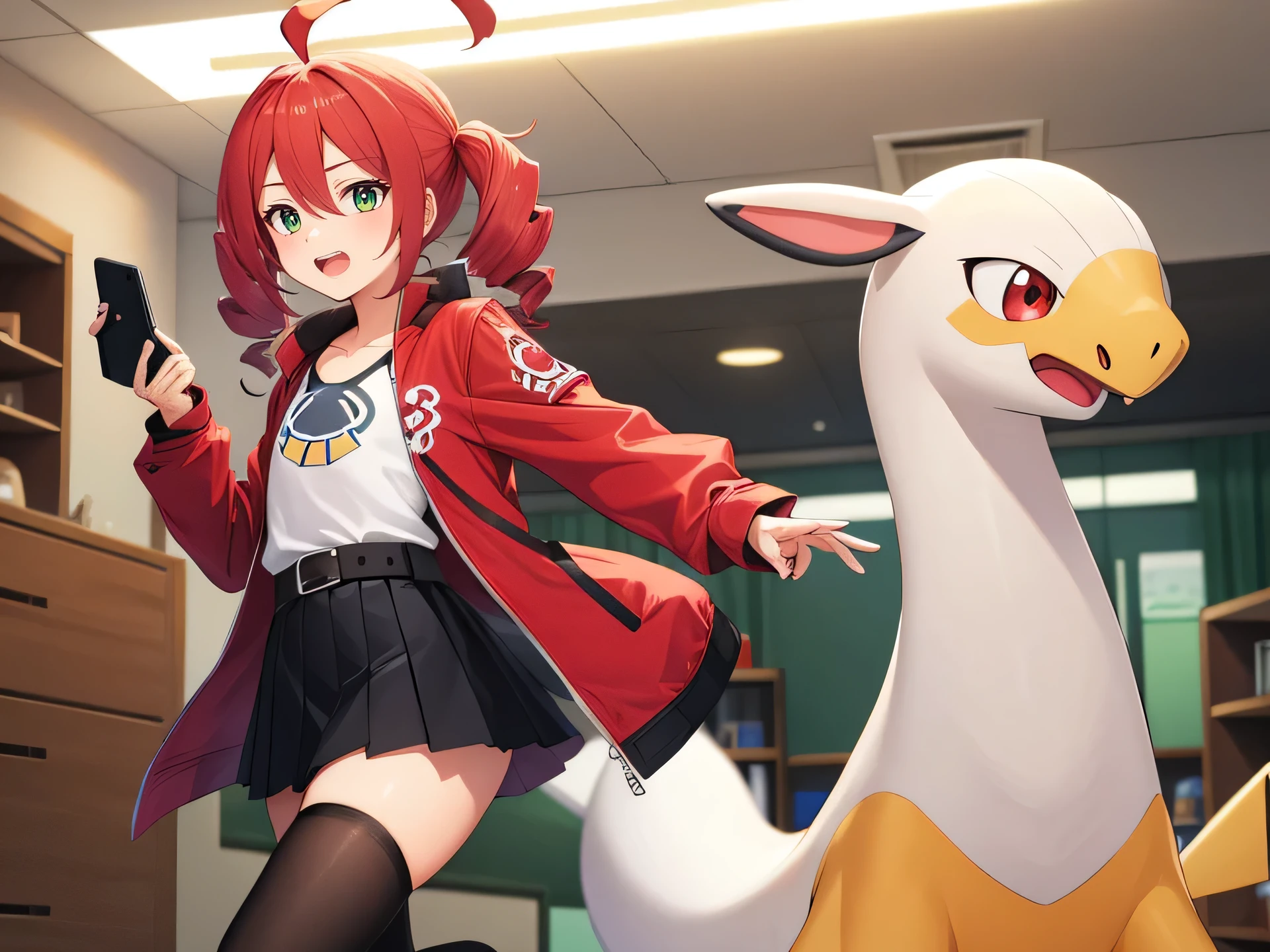 masterpiece, best quality, newest, absurdres, highres,detailed_background,indoors,nintendo,open mouth,black thighhighs,red jacket,alternate costume,gen 6 pokemon,black skirt,red skirt,2000s \(style\),hair between eyes,utau,kasane teto,flat chest,pleated skirt,upper teeth only,creatures \(company\),boots,jacket,ahoge,pokemon,game freak,poke ball,solo,twin drills,cropped jacket,kasane kein,red eyes,belt,highres,red hair,green eyes,teeth,brown jacket,double-parted bangs,1girl,goodra,long sleeves,pokemon \(creature\),shirt,skirt,sleeves past elbows,thighhighs,drill hair