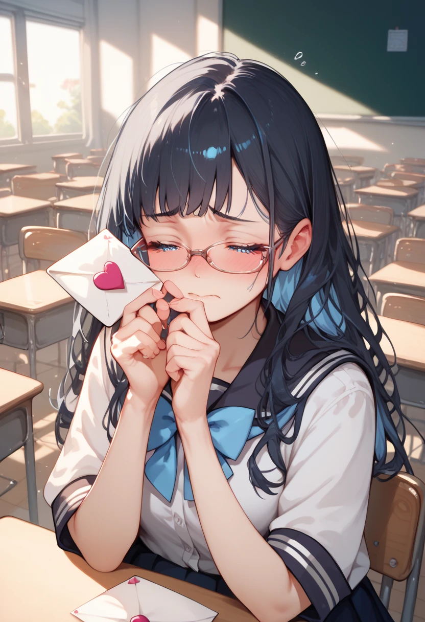 Girl, school uniform, glasses, light blue eyes, black hair, light blue hair, light blue bow, in the classroom, nervous and embarrassed, holding pink letter with two hands before user, bowed down head, closed eyes, solo