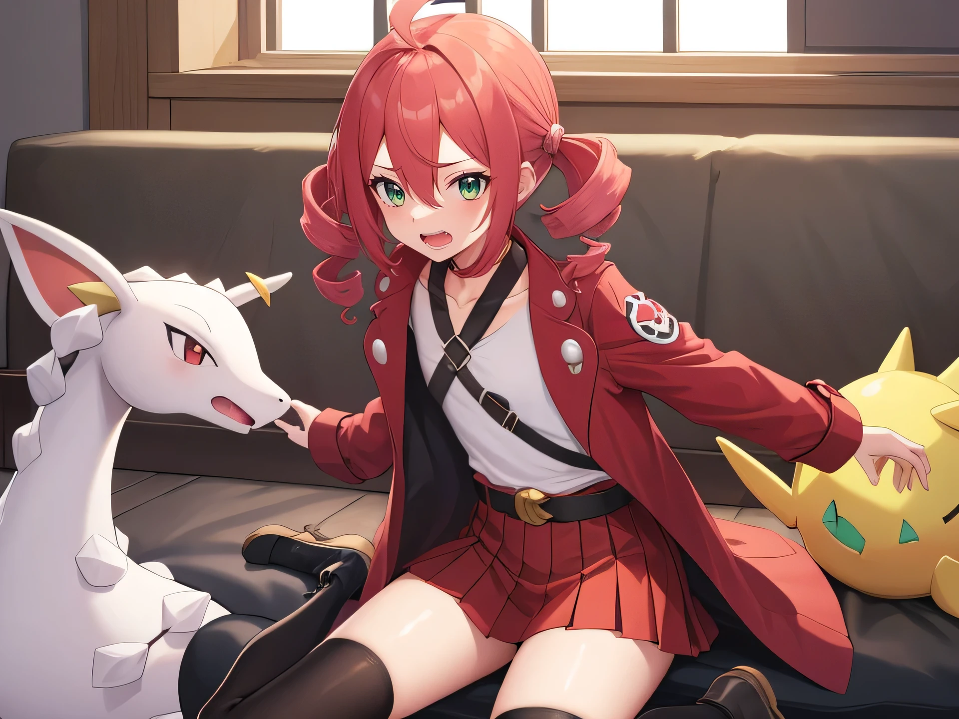 masterpiece, best quality, newest, absurdres, highres,detailed_background,indoors,nintendo,open mouth,black thighhighs,red jacket,alternate costume,gen 6 pokemon,black skirt,red skirt,2000s \(style\),hair between eyes,utau,kasane teto,flat chest,pleated skirt,upper teeth only,creatures \(company\),boots,jacket,ahoge,pokemon,game freak,poke ball,solo,twin drills,cropped jacket,kasane kein,red eyes,belt,highres,red hair,green eyes,teeth,brown jacket,double-parted bangs,1girl,goodra,long sleeves,pokemon \(creature\),shirt,skirt,sleeves past elbows,thighhighs,drill hair