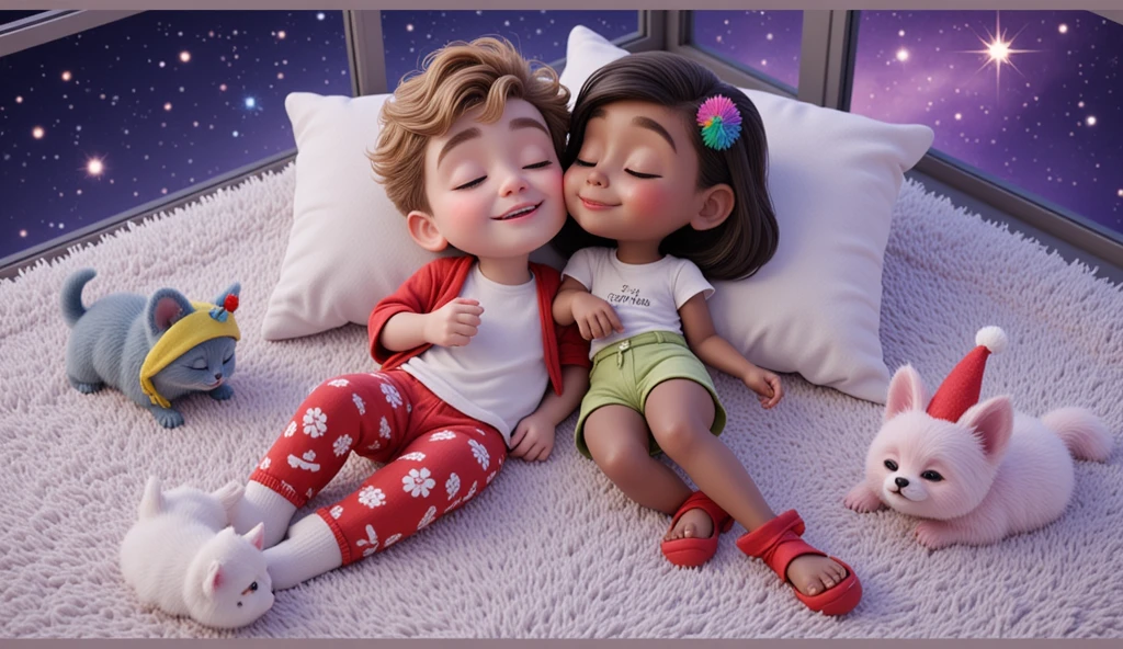 A cozy and magical scene inspired by Disney Pixar films, posters and 3D characters, in high resolution and quality. a couple of two  ren, lying, and certainly sleeping, hugging each other affectionately, on a plush white rug. The boy has very light brown hair that is curly on top and short on the sides, his skin is tanned from the sun, he is handsome and charming, he wears a white t-shirt without prints and red pajama pants with a Christmas theme and white socks, and the girl She is wearing a white t-shirt without prints and very short green shorts and red Christmas socks, she is sensual, daring, sassy, ​​she wears a colorful feather earring in her ear, she has black, straight and long hair down to her waist, Brazilian Indian, very light brown skin. Both wear white t-shirts and sweatshirts, the red boy and the green girl wear white socks decorated with Christmas themes. They are hugging each other, with serene expressions and closed eyes. Around, on the same rug, four sleeping puppies with their eyes closed, all wearing Christmas clothes: a blue kitten, a yellow kitten wearing a red and white Christmas hat with a bell, a pink kitten with a Christmas wreath, and a white Lhasa Apso puppy with caramel spots on its eyes and paws. In the background, an immense window reveals a magical starry night, with a larger, brighter star illuminating the environment. The scene is fully decorated in the Christmas 