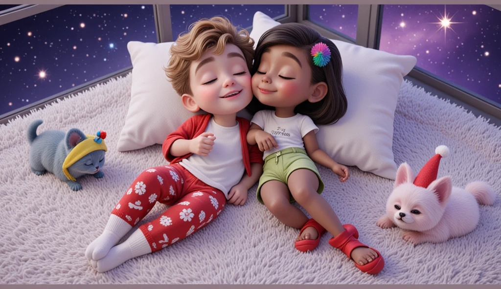 A cozy and magical scene inspired by Disney Pixar films, posters and 3D characters, in high resolution and quality. a couple of two  ren, lying, and certainly sleeping, hugging each other affectionately, on a plush white rug. The boy has very light brown hair that is curly on top and short on the sides, his skin is tanned from the sun, he is handsome and charming, he wears a white t-shirt without prints and red pajama pants with a Christmas theme and white socks, and the girl She is wearing a white t-shirt without prints and very short green shorts and red Christmas socks, she is sensual, daring, sassy, ​​she wears a colorful feather earring in her ear, she has black, straight and long hair down to her waist, Brazilian Indian, very light brown skin. Both wear white t-shirts and sweatshirts, the red boy and the green girl wear white socks decorated with Christmas themes. They are hugging each other, with serene expressions and closed eyes. Around, on the same rug, four sleeping puppies with their eyes closed, all wearing Christmas clothes: a blue kitten, a yellow kitten wearing a red and white Christmas hat with a bell, a pink kitten with a Christmas wreath, and a white Lhasa Apso puppy with caramel spots on its eyes and paws. In the background, an immense window reveals a magical starry night, with a larger, brighter star illuminating the environment. The scene is fully decorated in the Christmas 