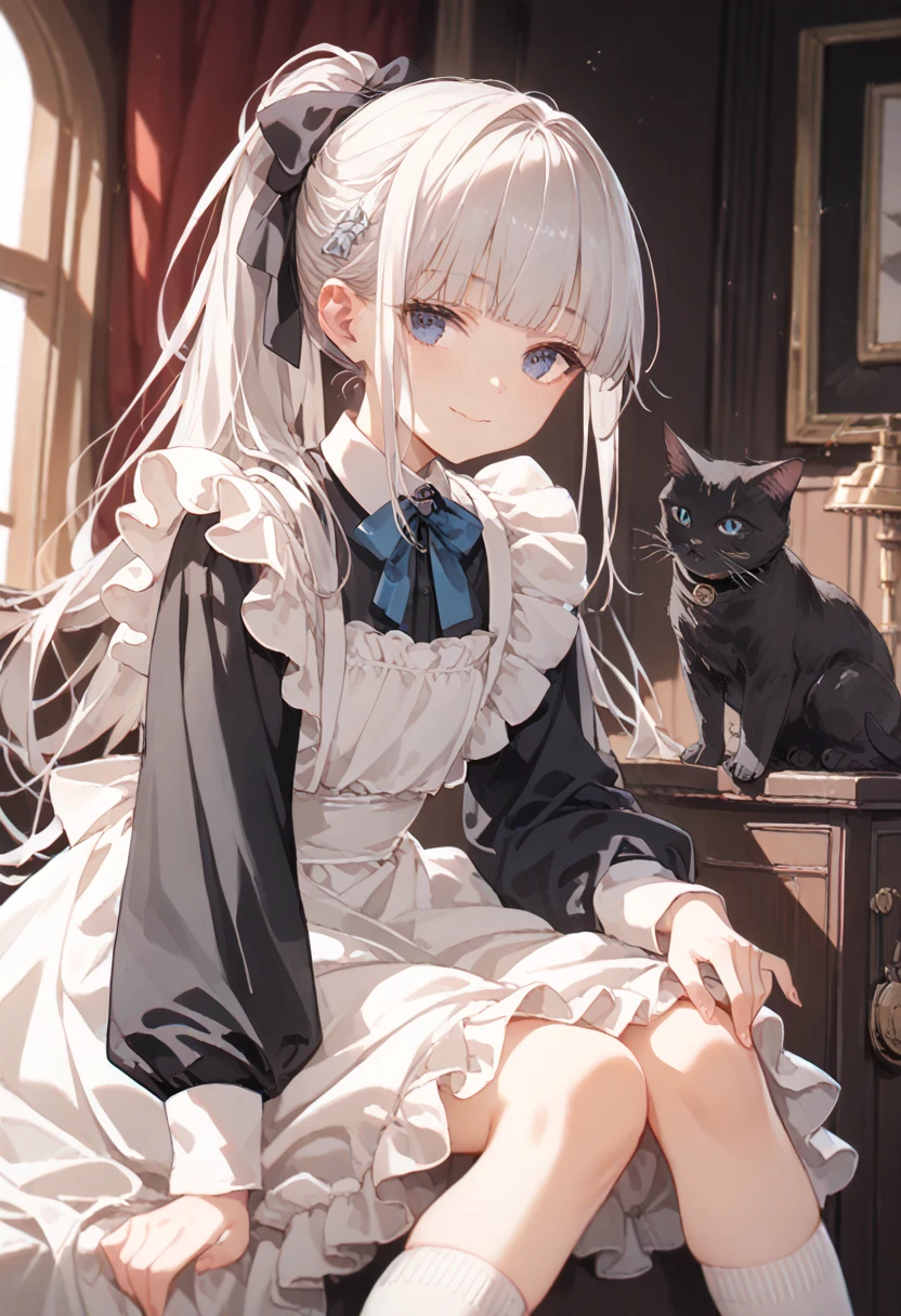 score_9, score_8_up, score_7_up, source_anime, high res image, masterpiece, best quality, 1girl, solo, ****, flat chest, coquettish skin, skinny, ivory blue eyes, silver hair, ponytail, blunt bangs, smilng, cat ear, black long sleeve maid outfit, steampunk gun belt hanging from shoulder, (White knee-high socks:1.2),hagging a black cat, cowboy shot, close-up face,