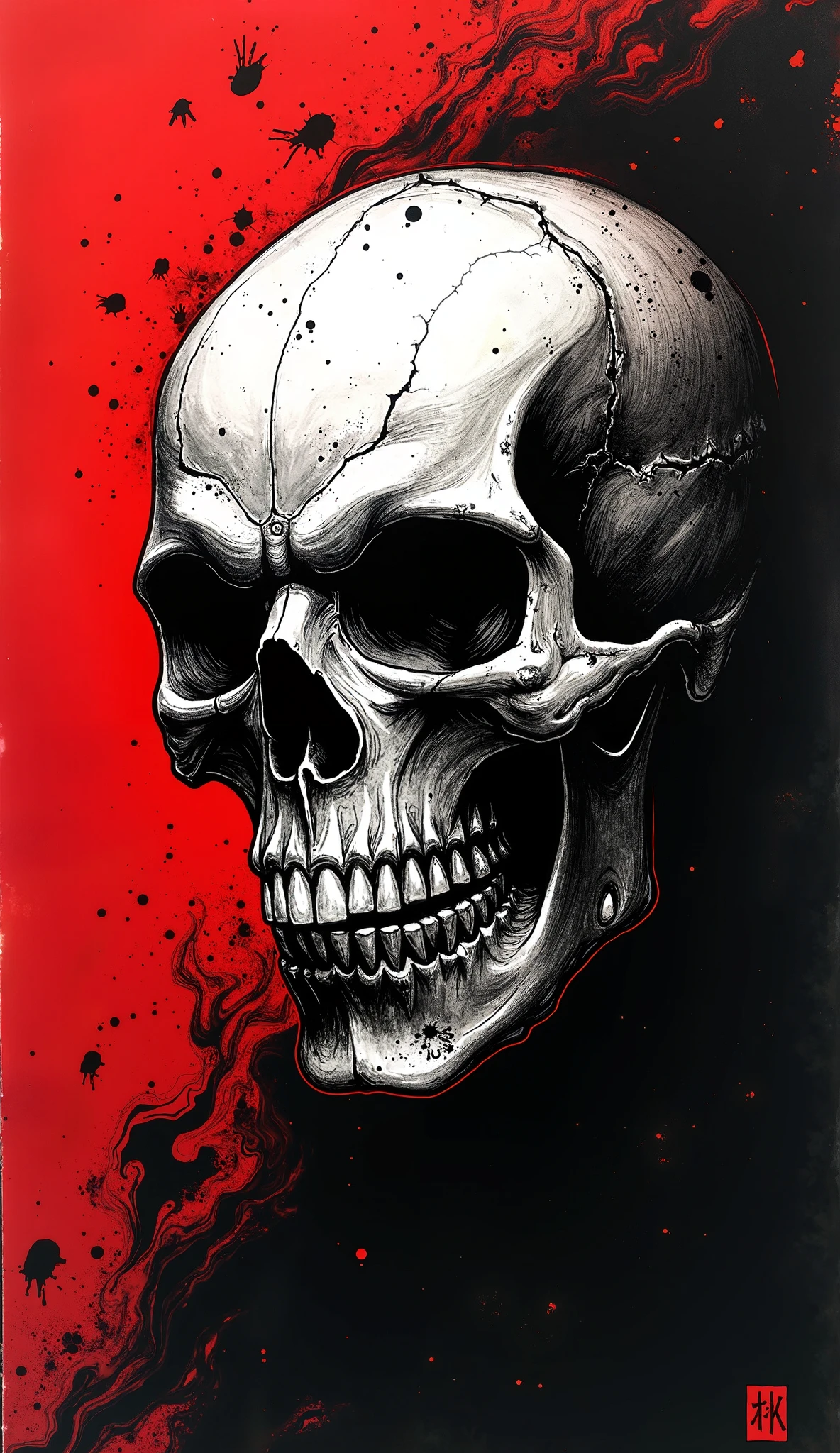 Dripping Splash Skull: A skull surrounded by dripping paint splashes that suggest movement and creative expression. T-shirt design graphic, vector, contour, black background.