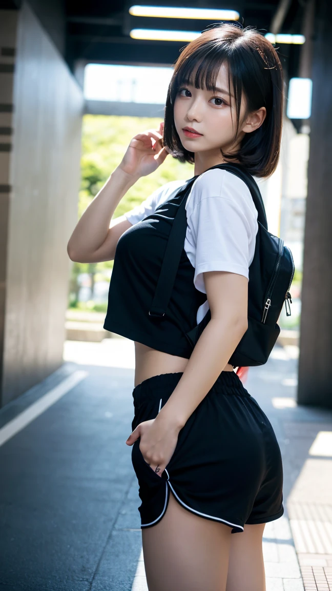 (BEST QUALITY, MASTER PIECE, ULTRA HIGH RESOLUTION, (PHOTOREALISTIC:1.4), RAW PHOTO), 1girl, 16-years-old, (upturned ass, beautiful and small buttocks), (amazingly Cute face, very cute smile, Black hair),wearing poro shirts and pleated mini skirt, sunny Outdoors, Stand and pose romantically