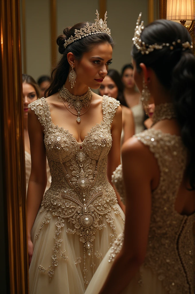 Beautiful young twin queens in formal attire, crown, scepter and jewel