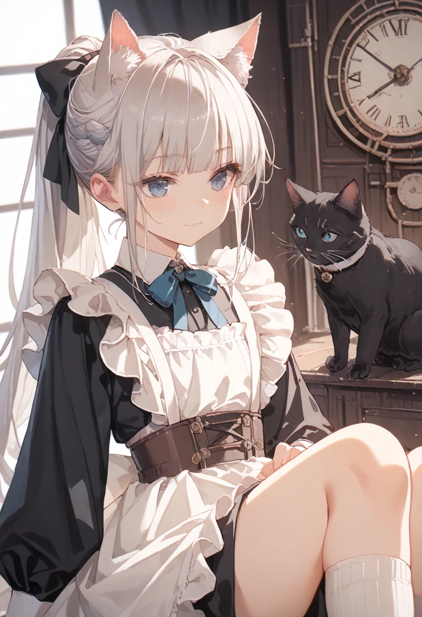 score_9, score_8_up, score_7_up, source_anime, high res image, masterpiece, best quality, 1girl, solo, ****, flat chest, coquettish skin, skinny, ivory blue eyes, silver hair, ponytail, blunt bangs, smilng, cat ear, black long sleeve maid outfit, steampunk gun belt hanging from shoulder, (White knee-high socks:1.2),hagging a black cat, cowboy shot, close-up face,