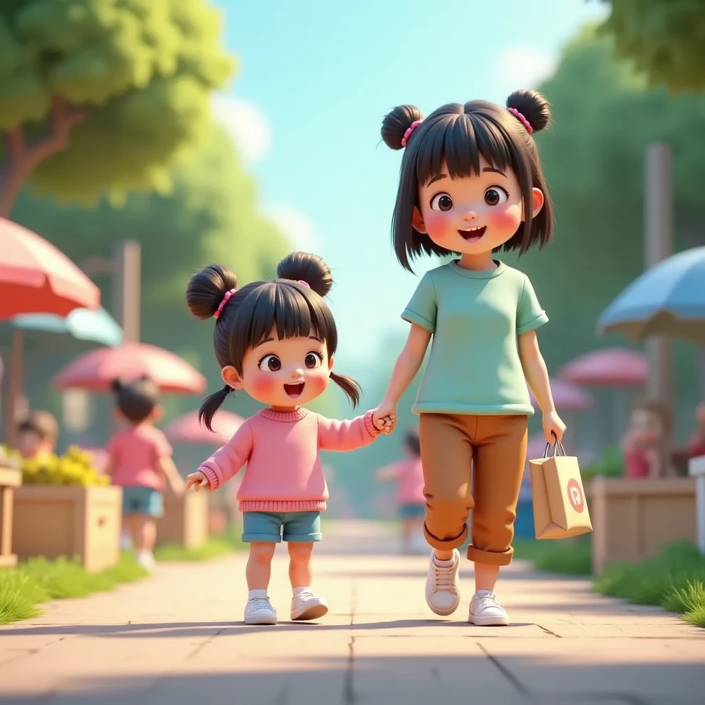 A cheerful morning scene with a young girl named Uwu and her warm, caring mother walking side by side on a lively street leading to the market. Uwu, an excited and curious , holds her mother's hand tightly while pointing at street vendors nearby. The mother has short, shoulder-length black hair and wears a soft pastel-colored blouse paired with comfortable brown trousers, exuding a relaxed and nurturing aura. The street background features bustling vehicles and people carrying shopping bags, creating a lively and vibrant atmosphere. The overall setting is illuminated by bright morning sunlight, with a soft and friendly pastel color palette in a 3D animation style