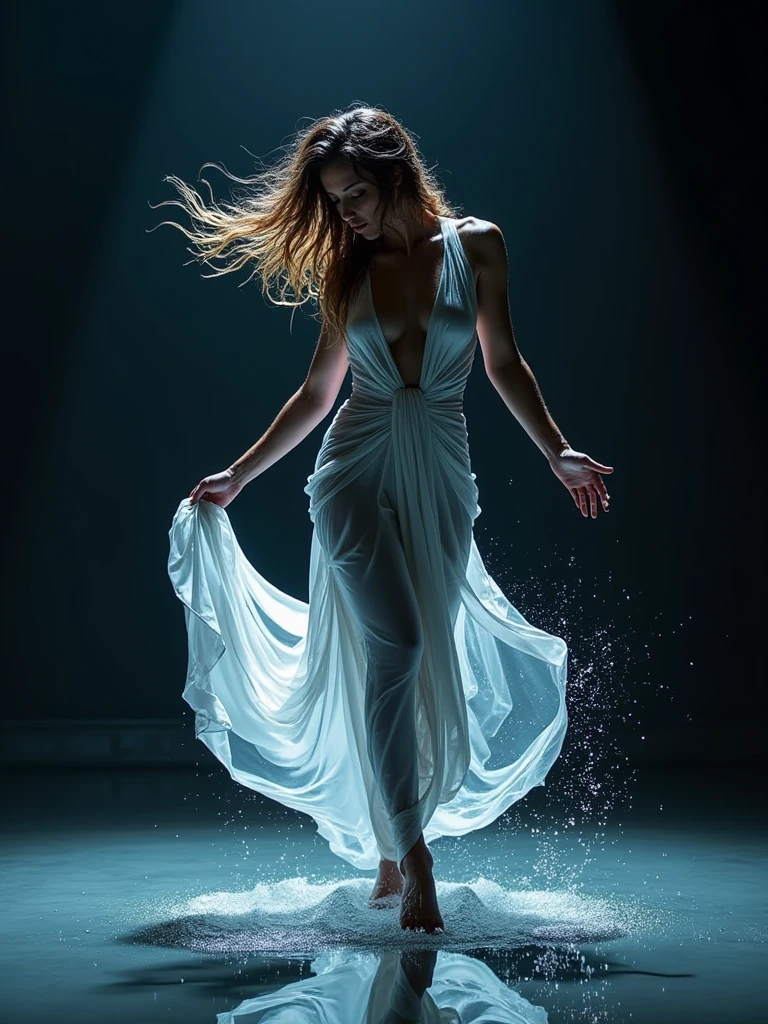 photo realistic of a goddess dancing on the mirror floor showing a perfect reflection of her movement, tossing her wet hair left a water splash trail around her hair, intricate detailed, high quality, cinematic motion, looking to viewer, low angle shot
