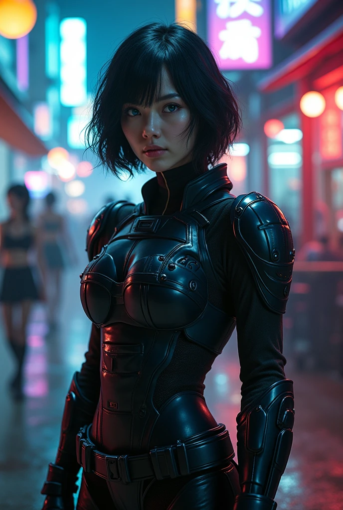 award-winning photo, , cyberpunk suit, Smooth skin, dark-haired、 a closeup of a, Vibrants, Photorealist, Realist, dramatic, dark, Sharp focus, 8K、high contrast、teats、Erotic、cool pose、Rear view