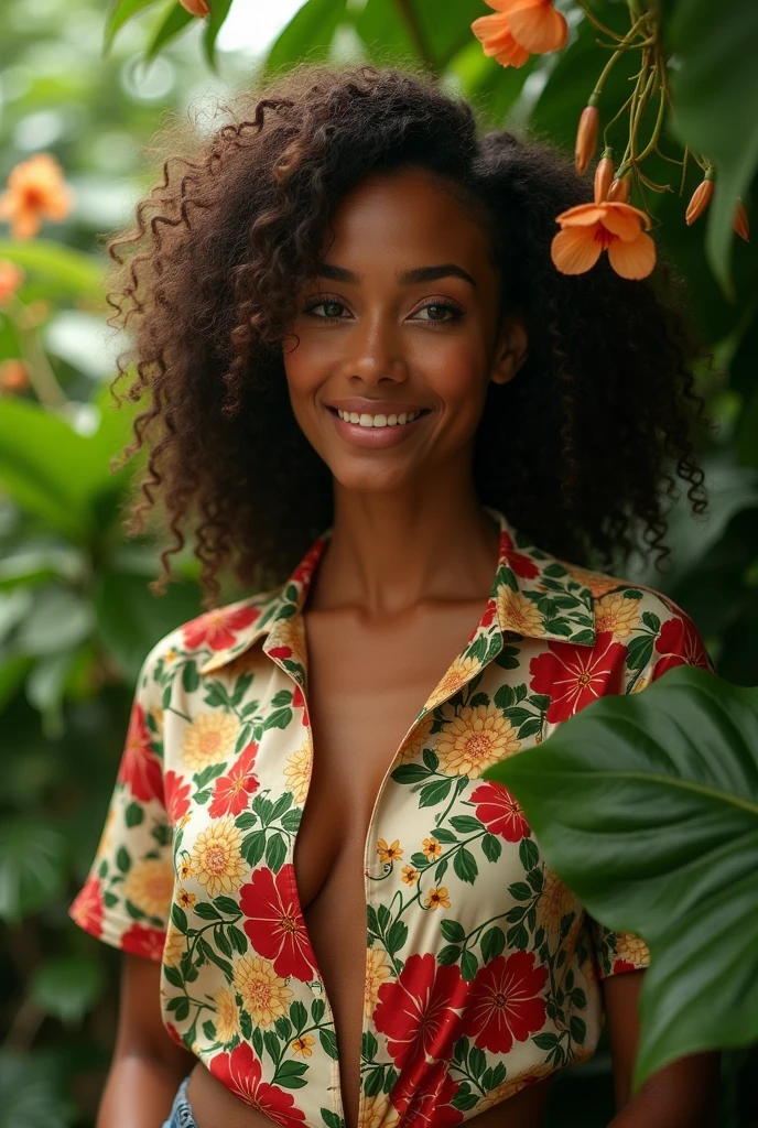 A Brazilian woman in a lush tropical garden, wearing an open shirt with a floral print, with a close-up capturing the harmonious beauty between her breasts and the natural flowers, showing off your natural charm and outgoing personality.