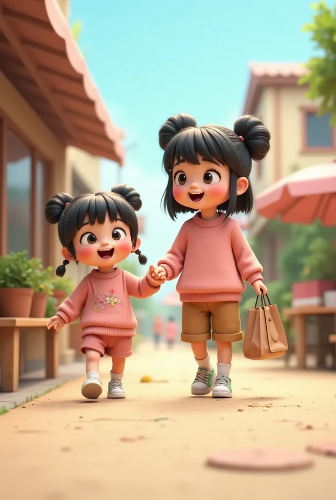 A cheerful morning scene with a young girl named Uwu and her mom, caring mother walking side by side on a lively street leading to the market. Uwu, an excited and curious , holds her mother's hand tightly while pointing at street vendors nearby. The mother has short, shoulder-length black hair and wears a soft pastel-colored blouse paired with comfortable brown trousers, exuding a relaxed and nurturing aura. The street background features bustling vehicles and people carrying shopping bags, creating a lively and vibrant atmosphere. The overall setting is illuminated by bright morning sunlight, with a soft and friendly pastel color palette in a 3D animation style