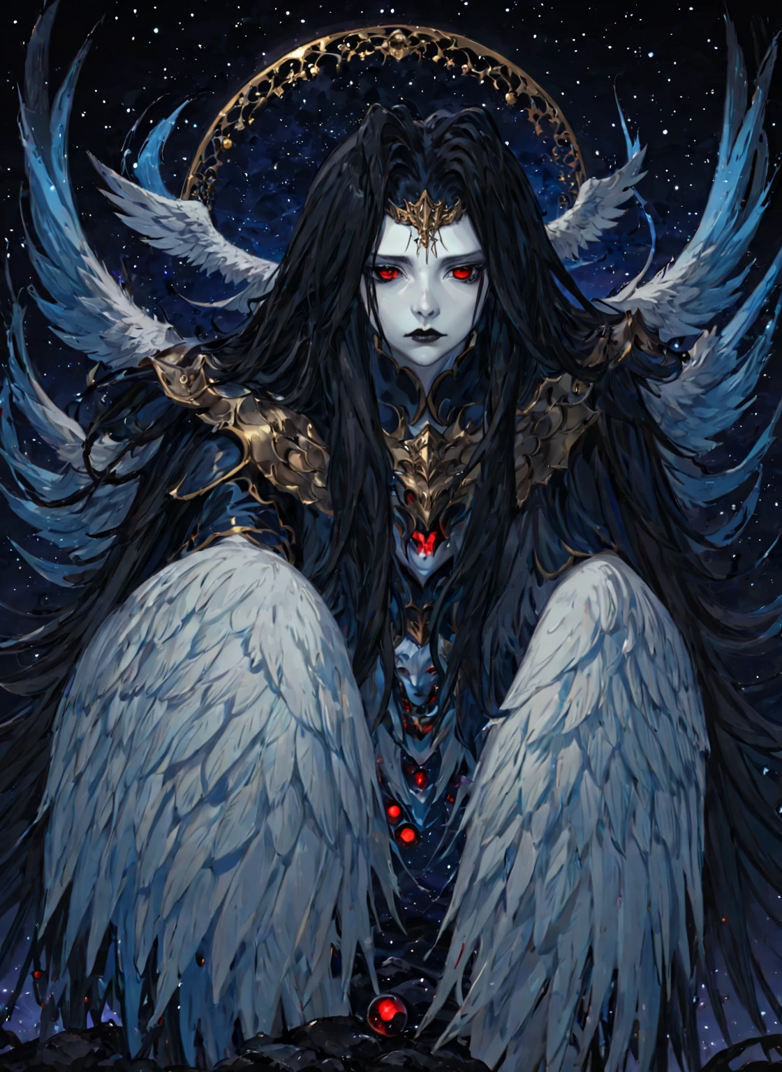 1girl,  solo,  armor,  male focus,  black hair,  black lips,  blue skin,  endsinger,  fantasy,  head wings,  long hair,  looking at viewer,  night,  night sky,  orb,  pale skin, Red, Bleeding eyes,  pointy ears,  wings, 