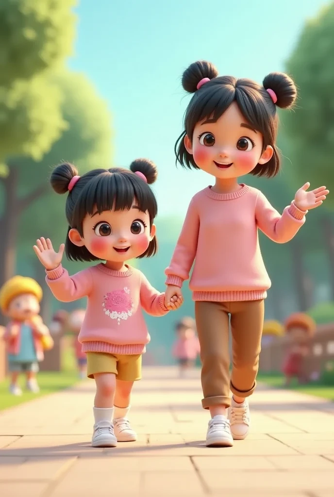 A cheerful morning scene with a young girl named Uwu and her warm, caring mother walking side by side on a lively street leading to the market. Uwu, an excited and curious , holds her mother's hand tightly while pointing at street vendors nearby. The mother has short, shoulder-length black hair and wears a soft pastel-colored blouse paired with comfortable brown trousers, exuding a relaxed and nurturing aura. The street background features bustling vehicles and people carrying shopping bags, creating a lively and vibrant atmosphere. The overall setting is illuminated by bright morning sunlight, with a soft and friendly pastel color palette in a 3D animation style