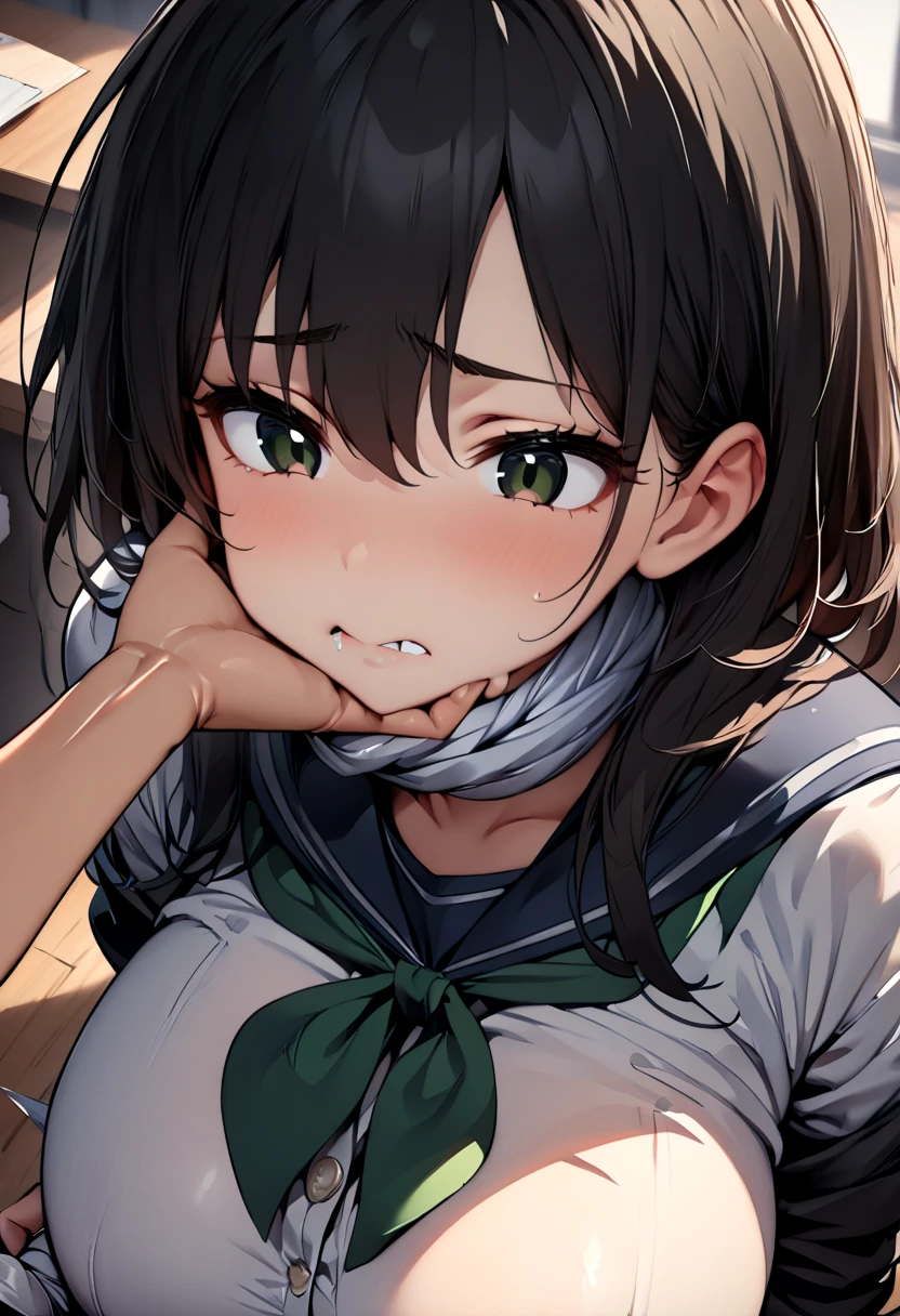 (  Masterpiece  ,   top quality:1.2), 1 girl, Alone,  expressive eyes,  squirm on the floor and look above, ((( looking at the camera))),  Female College Student,  Short Black Hair , ((( perfect face girl who wraps a neckerchief directly around her neck))), Big tits uniform, Troubled face, (Looking down), (((face shot))), (POV hand), (((POV grab your chin )))