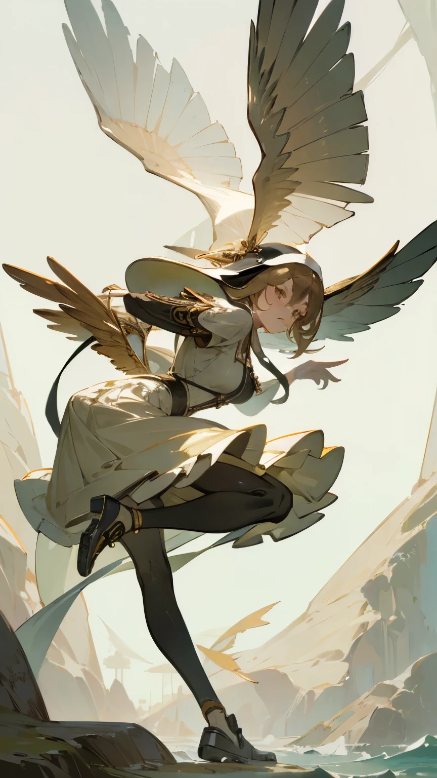 (( RAW photos )), ((  Masterpiece  )),  An anthropomorphic humanoid angel girl wearing nun armor,  intricate details ,  running shoes, Intricate Grieble Piece , The sea behind, Yellow Wings, beautiful,  Fine eyes and lips 