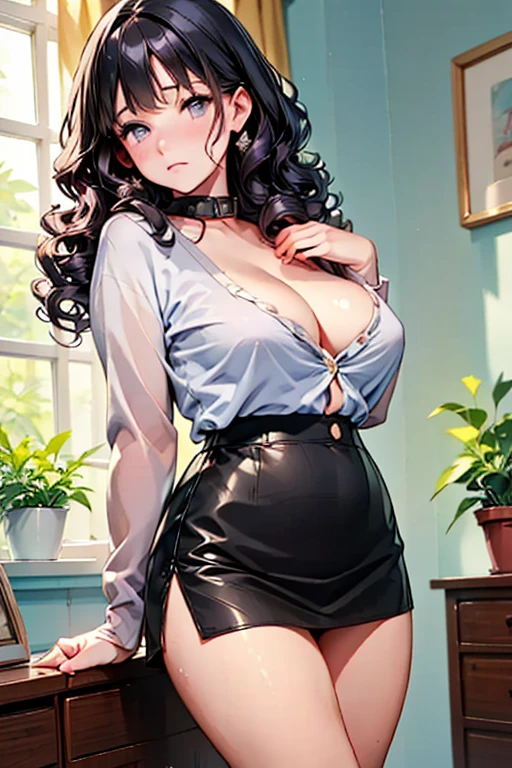 (( top quality)), ((  Masterpiece  )), (  Details), ( one girl),  sexy, shiny skin, Glowing Skin,  height 168 cm bust 90 cm plump housewife,   slender body , Black hair split with bangs ,   glossy black hair, sexyな熟女熟女,  mother with warm eyes ,  look down with gentle eyes ,  hide her hands behind her back , Button-down shirt,  Mini Skirt, empty station ,  cleavage,Lots of sweat,Black leather collar,