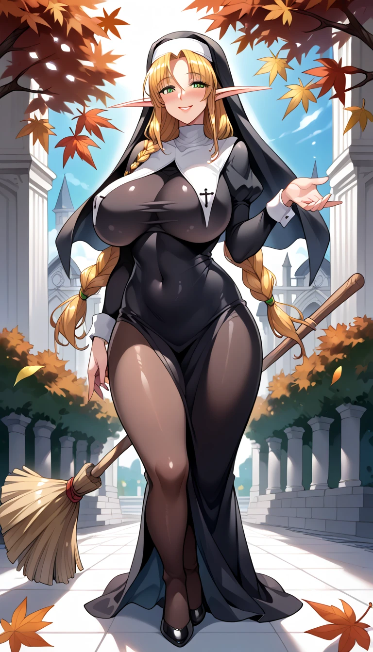 (beautiful_face, beautiful_eyes, detailed_eyes, detailed_face:1.2), mature_woman, (gigantic_breasts:0.95), source_anime, 1_woman, solo, Sofia, milf_elf, elf, pointy_ears, voluptuous_female, long_hair, blonde_hair, braided_hair, green_eyes, serene_expression, blushing, curvy, nun_outfit, nun_habit, modest_clothing, covered_shoulders, full_length_gown, traditional_habit, veil, sweeping_broom, autumn_leaves, autumn_day, outside_church, church_background, fallen_leaves, mature_female, large_breasts, wide_hips, hourglass_figure, relaxed_posture, soft_smile, focused_look, calm_aura, braided_hairstyle, sweeping_pose, gentle_look, natural_background, autumn_colors
