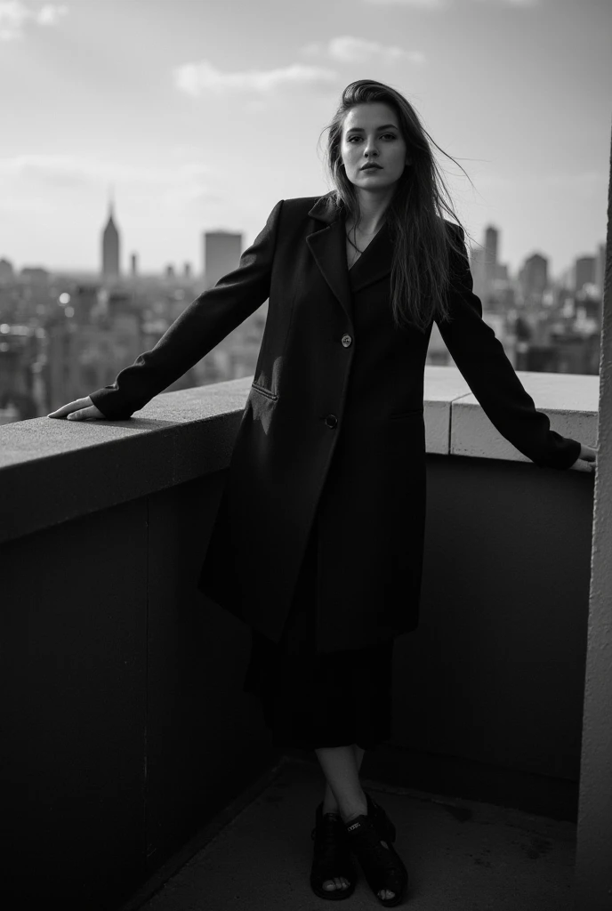 color film photograph of blonde supermodel woman, wearing black (long coat), 1980s, pastel colors, Tokyo, looking into the distance, modelshoot style, analog style, 35mm, dramatic light, flat chest , <lora:80sJapanAnalogFilm_10:0.7>