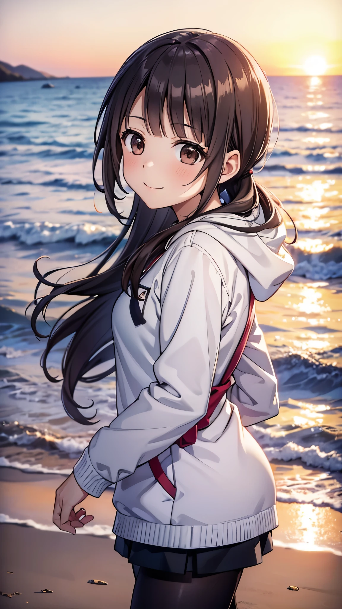(16k, super high resolution, top quality,masterpiece, very detailed, very clear ),okitasawa,straight hear,orange large size hoodie,black hot pants,((赤いマフラー:1.3)),pantyhose,ヘッドフォン,anatomically correct body , looking at the camera, very detailed facial features, beautiful and perfect face, smile:1.3,Sunset sky,Evening summer and winter seashore,((portrait shot:1.3)),sea, sandy beach, looking at the camera, Front Angle,The setting sun,red cheek:1.3,首を傾ける