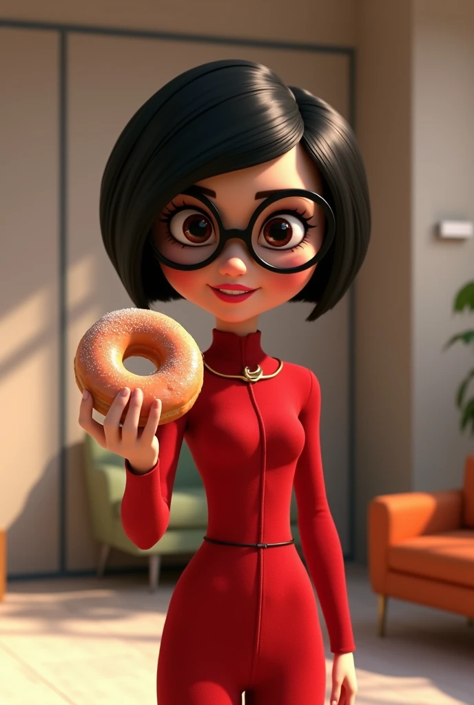 Hello can you put an image of Edna Moda from the movie The Incredibles and put a donut on her hand 