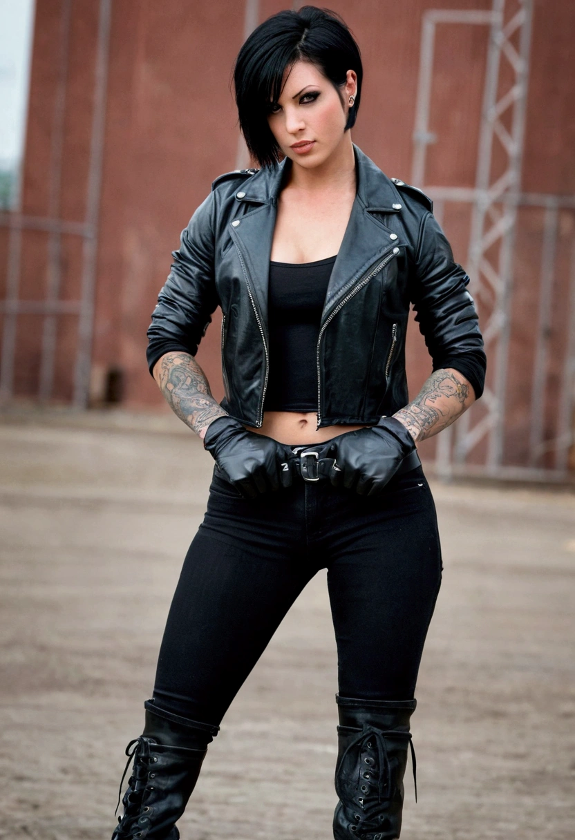 femdom, tall, 1girl, solo, seductive, dominant, muscular, tattoos, black hair, short hair, eyeliner, black leather jacket, rolled up sleeves, black gloves, solo female, visible arms, combat boots