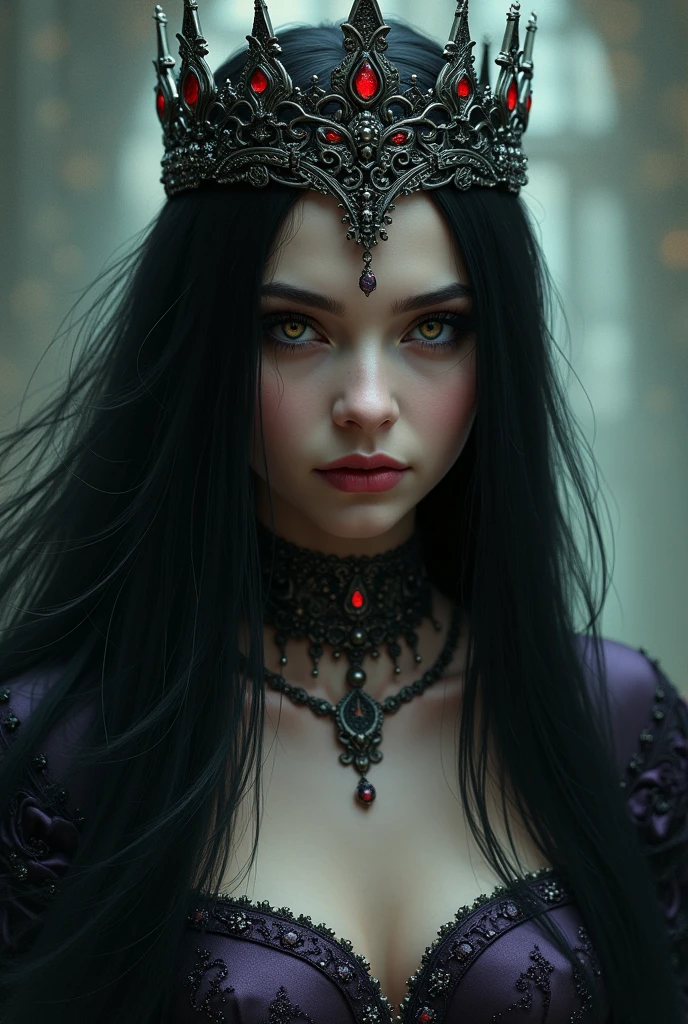[Core Concept] A dark and mysterious female figure, embodying the essence of a malevolent queen.

[Character Description] A young woman with flowing, jet-black hair, adorned with a regal crown and donning a commanding, yet captivating presence. Her piercing gaze is accentuated by bold, crimson lips, exuding an aura of seductive power.

[Environment/Background] The scene is set against a backdrop of shadowy, ominous tones, hinting at the character's sinister nature and the foreboding atmosphere that surrounds her.

[Style and Atmosphere] The overall aesthetic is dark, gothic, and enchanting, with a touch of supernatural charm that captivates the viewer's imagination.

[Composition] The woman stands at the center of the frame, her figure commanding attention, while the mysterious apple she holds in her hand serves as a focal point, suggesting an ominous narrative.

[Details and Embellishments] Intricate, ornate details adorn the character's attire and accessories, further emphasizing her regal status and the depth of her dark, alluring persona.

[Technical Specifications] The image should be rendered in a photorealistic style, with meticulous attention to lighting, textures, and the overall mood, creating a striking and visually captivating depiction of this dark, powerful female figure.