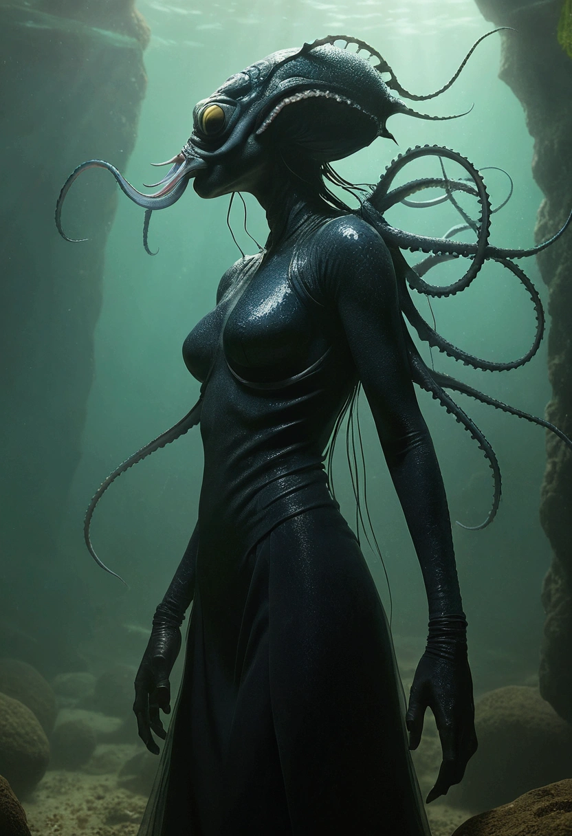 (high quality), (ultra quality), a woman wearing a tight wetsuit is attacked and bound by the tentacles of a giant sea monster, underwater, (under water), drowning, gasping for breath, suffocating, glossy wetsuit, horror, giant creature, scary monster, ((tentacle monster)), many tentacles, bondage, captive, stuck underwater, struggling, anxious, scared, terrified, perfect body, large breasts, deep under water, alien creature, lovecraftian horror, trapped