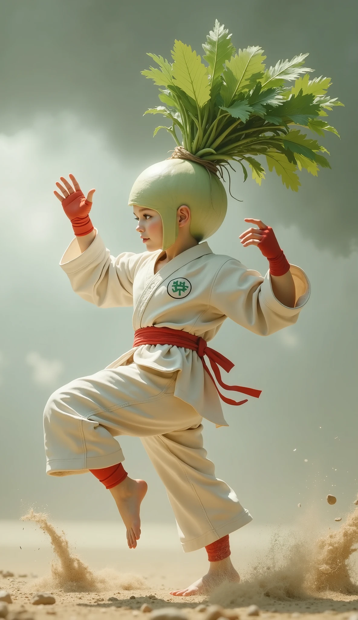 ( Masterpiece :1.2,Superior Quality,Mirror finish, cinematic experience , Best Illustration ),8k,16k,wallpaper,(Close up of a daikon in the shape of a female martial artist ),( jump and kickのクローズアップ:2.0),(Spin and kick while flying :2.0),( Dynamic :2.0),( Tornado Cyclone Kick :2:0),( Street Fighter:2.0),(The background is Tornado Storm :2.0),( jump and kick:2.0),(Cyclone Kick:2.0),(White dojo suit :2.0),barefoot,( red fingerless gloves:2.0),(Detailed feet:2.0),( detailed hands :2.0),( cute illustration :2.0)