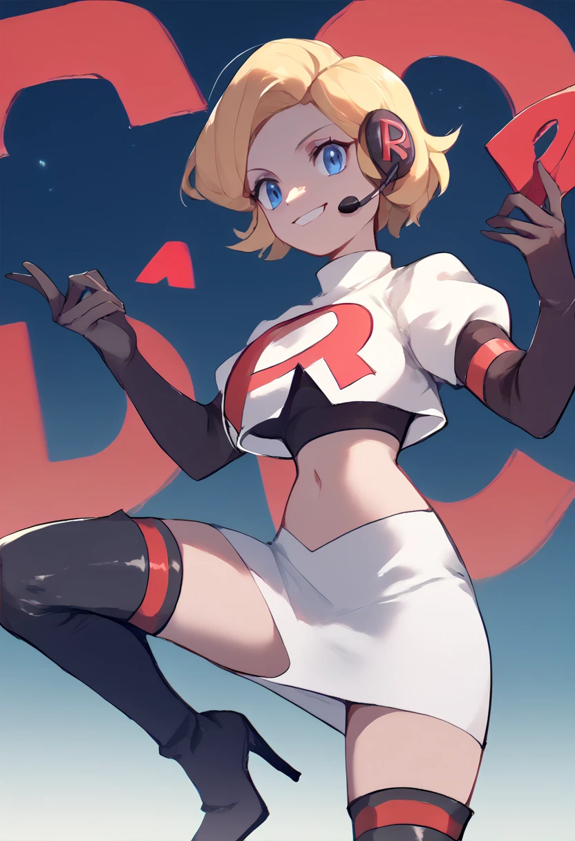 Team rocket, team rocket uniform, red letter R, white skirt,white crop top,black thigh-high boots, black elbow gloves, evil smile, night sky background, headset, large breasts, high-heeled boots, Aigis, blonde hair