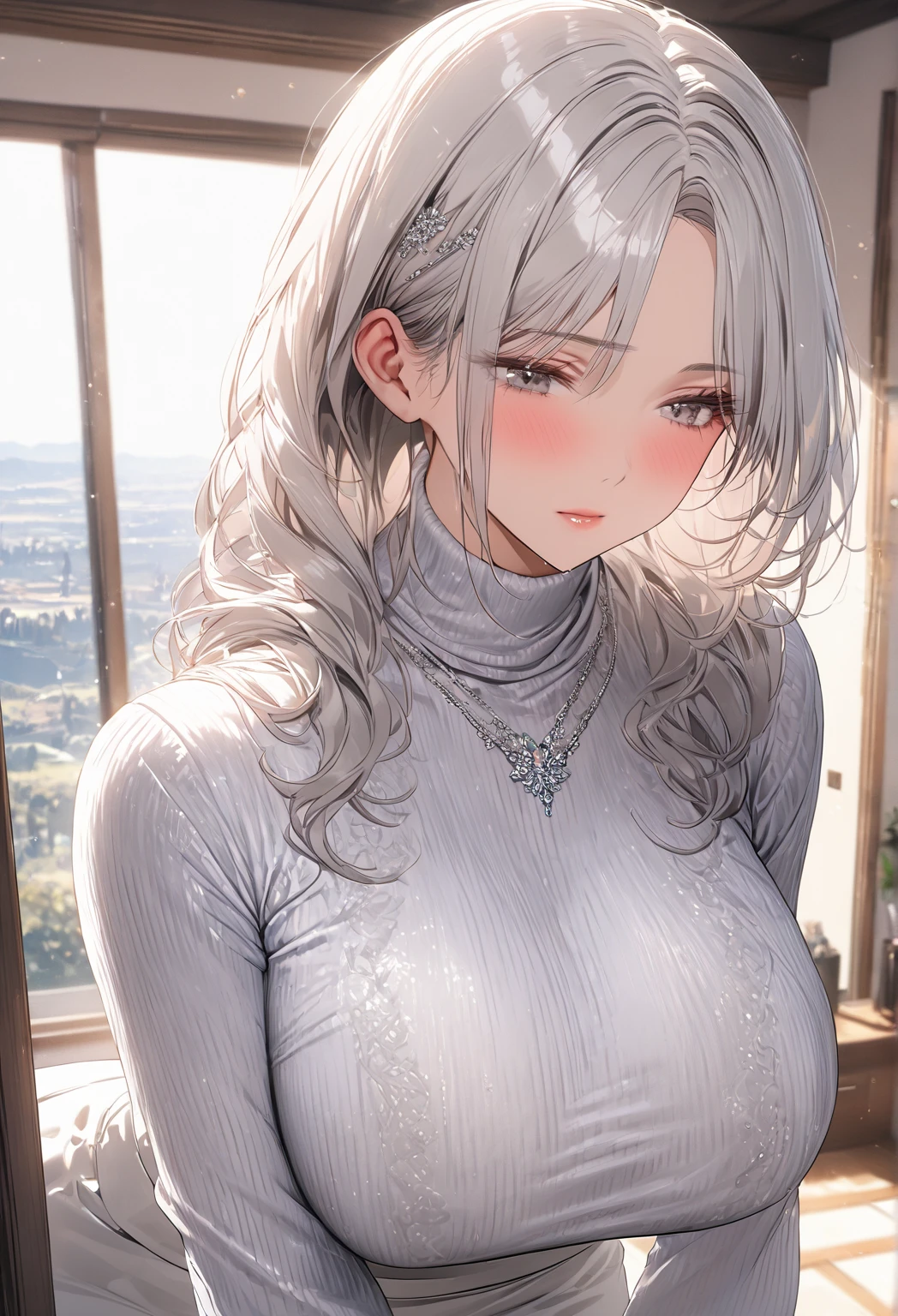 ((Highest quality)), ((masterpiece)), (detailed), (One girl), Sexy, height１６８bust 1２0cm busty housewife, mature woman, White hair, Mature Woman, A mother with grey eyes, Looking down with gentle eyes, White turtleneck sweater, (detailed), 4k, 8k, 16k, ultra quality, detailed textures, sharpness, ((alone)), standing, ((front view)), mature woman, milf, housewife, sexy, curvy hip, shiny skin, glossy skin, modest chest, skin tone is fair and smooth, with a natural flush across her cheeks, face has a soft, oval shape with slightly rounded cheeks, delicate hair strands falling gently on to her face, parted bangs, background indoor, window is open, beautiful fantasy demonic landscape view from window