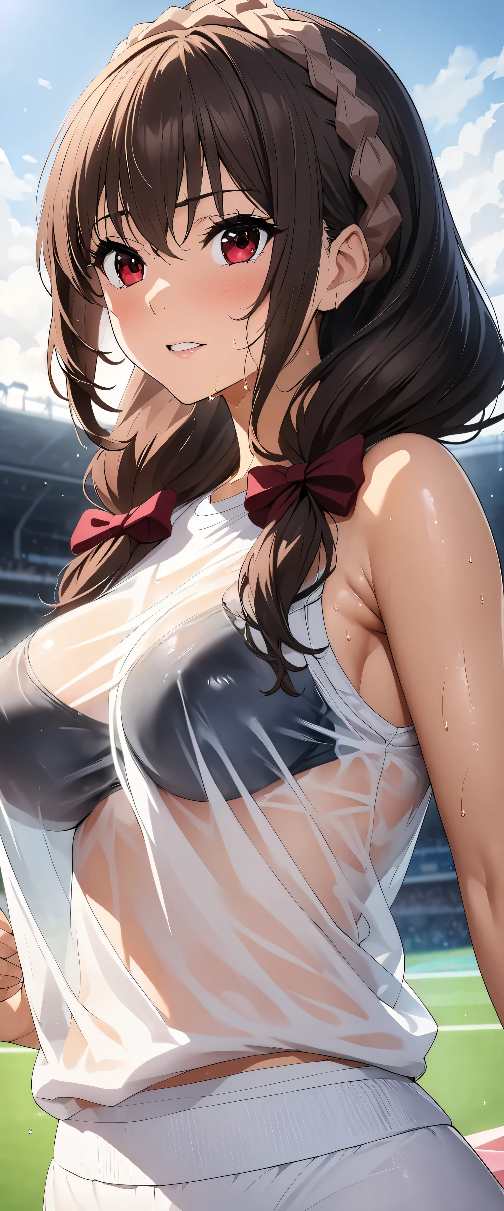 (((masterpiece)))、(( best quality))、( super detailed)、(CG illustration)、(Very beautiful woman))、 cinematic light 、((1 Female))、 、(Beautiful and luxurious:1.2)、( One Woman :1.3)Sports Stadium,,((Japanese white sleeveless gym clothes), and I'm wet from sweat,Beautiful ponytail,Drink a sports drink,,Yunyun,Her clothes are see-through and her bra is visible