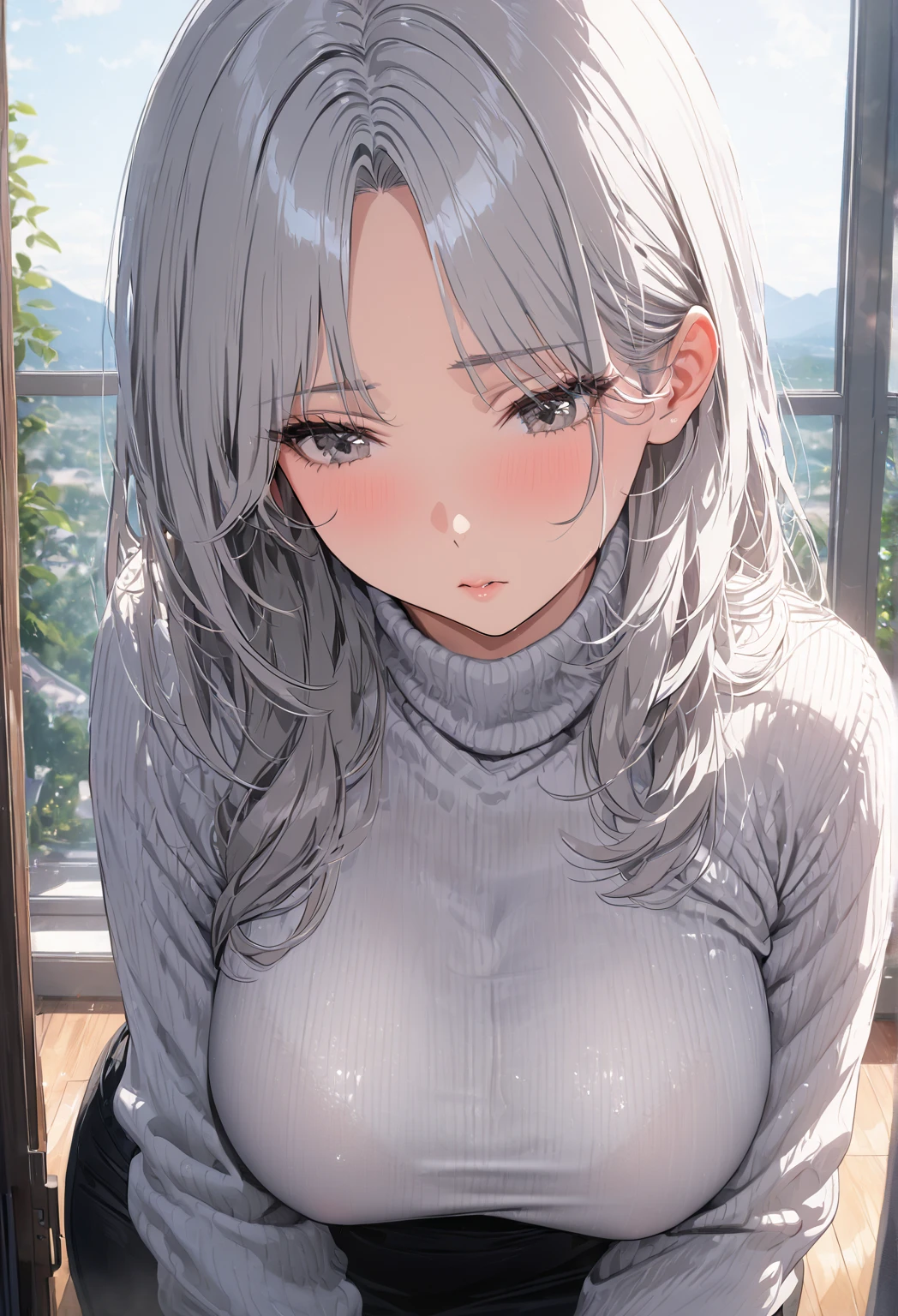 ((Highest quality)), ((masterpiece)), (detailed), (One girl), Sexy, height１６８bust 1２0cm busty housewife, mature woman, White hair, Mature Woman, A mother with grey eyes, Looking down with gentle eyes, White turtleneck sweater, (detailed), 4k, 8k, 16k, ultra quality, detailed textures, sharpness, ((alone)), standing, ((front view)), mature woman, milf, housewife, sexy, curvy hip, shiny skin, glossy skin, modest chest, skin tone is fair and smooth, with a natural flush across her cheeks, face has a soft, oval shape with slightly rounded cheeks, delicate hair strands falling gently on to her face, parted bangs, background indoor, window is open, beautiful fantasy demonic landscape view from window