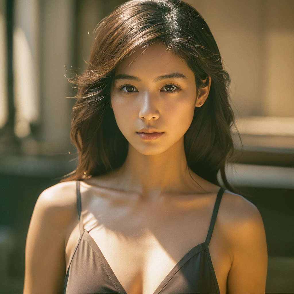 (Photoreal Stick:1.5, masutepiece:1.5, 8K), (top-quality, masterpiece, 超A high resolution), Professional camera work, Perfect dynamic composition, Highly detailed skin and facial texture:1.3, Grow Light Effect, The ultra-detailliert, Mystical portrait, 1girl in, (On the rooftop, Intense sunlight:1.3, Sunlight pouring down from above:1.3, Strong sunlight spreads across the screen:1.5), (thin satin v-neck dress), (Shoot with blur:1.4, fog the lens:1.4), Model body type, beautiful and clear face, (Eyes that feel beautiful eros:0.6, Enraptured look:0.7, i love you completely:0.5, slightly open mouth, A mouthfeel that feels beautiful eros:0.6), (Dark brown medium hair, the hair flutters with the wind), the chest is medium, a necklace), (leaning, Sit sexy)